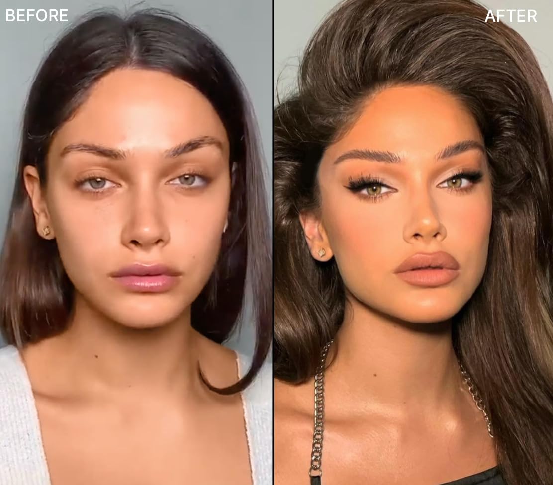 Visually demonstrates the dramatic transformation achieved by using the makeup product.
