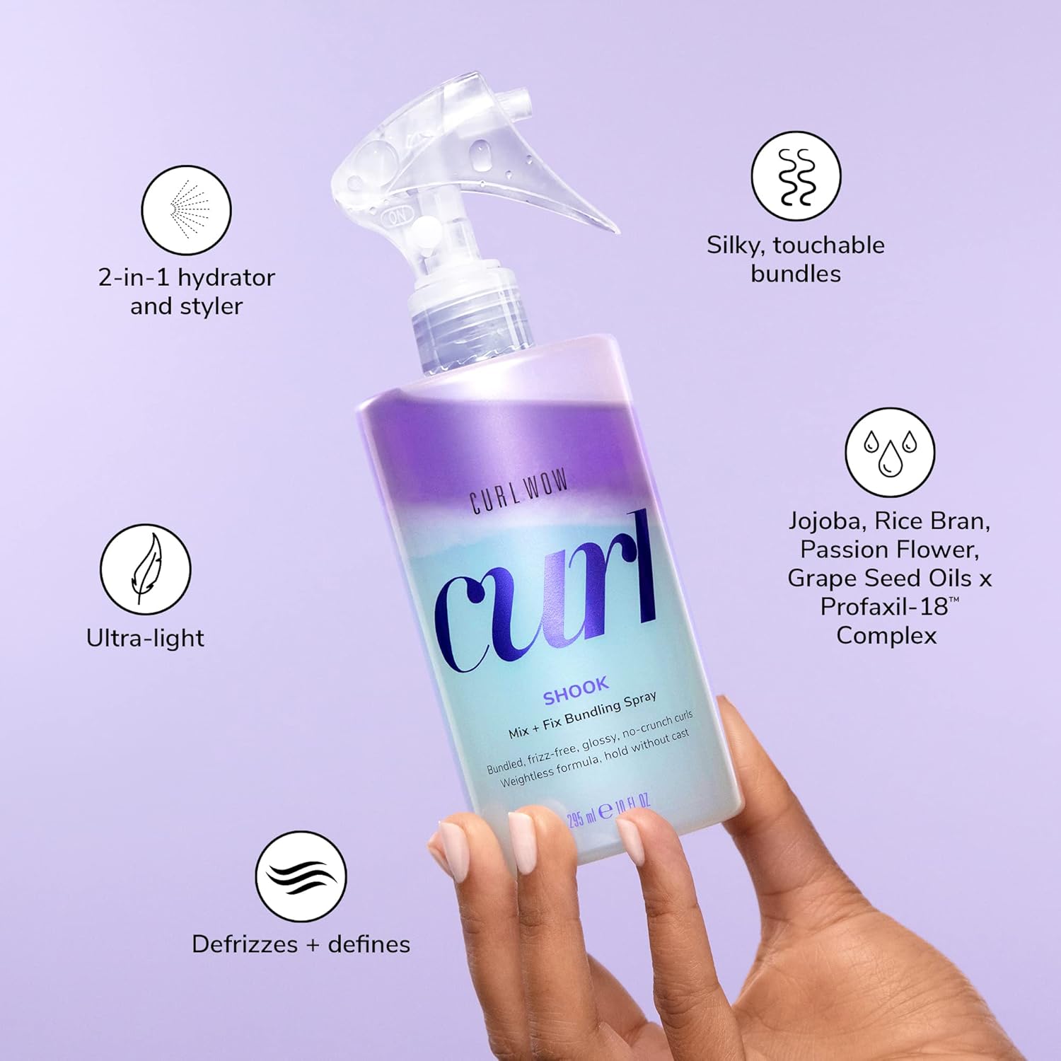 Highlights multiple key features and benefits of the curl defining spray, including its 2-in-1 functionality, lightweight formula, frizz control, and nourishing natural oil ingredients.
