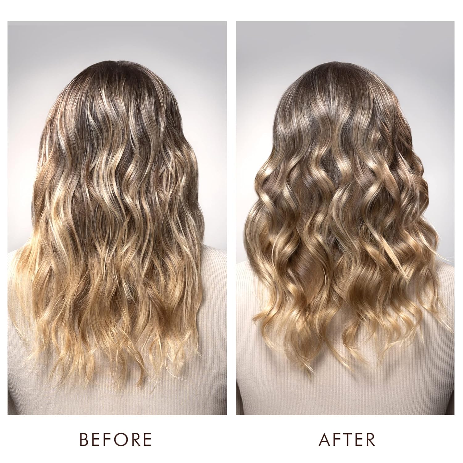 Showcases the transformative effect of using the product by displaying before and after images of hair that appears more voluminous and curled after using the product.