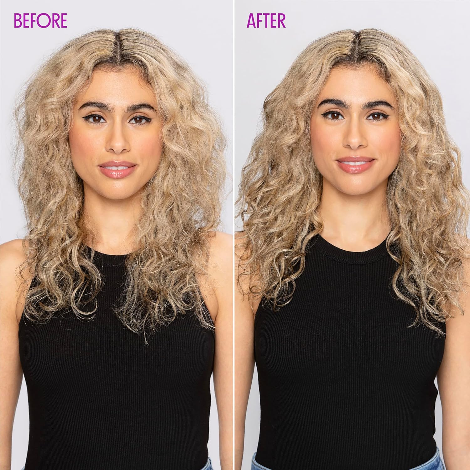 Visually demonstrates the volumizing and styling effects of the product by showing a before and after comparison.