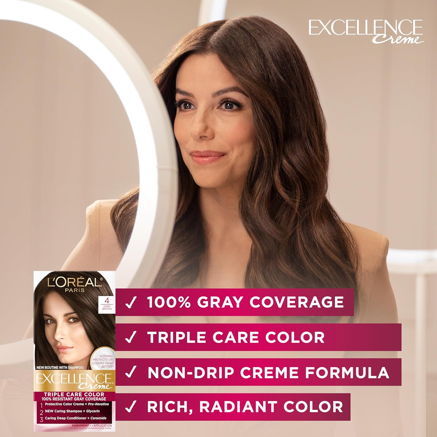 Highlights multiple key features and benefits of the hair color product to showcase its comprehensive performance.