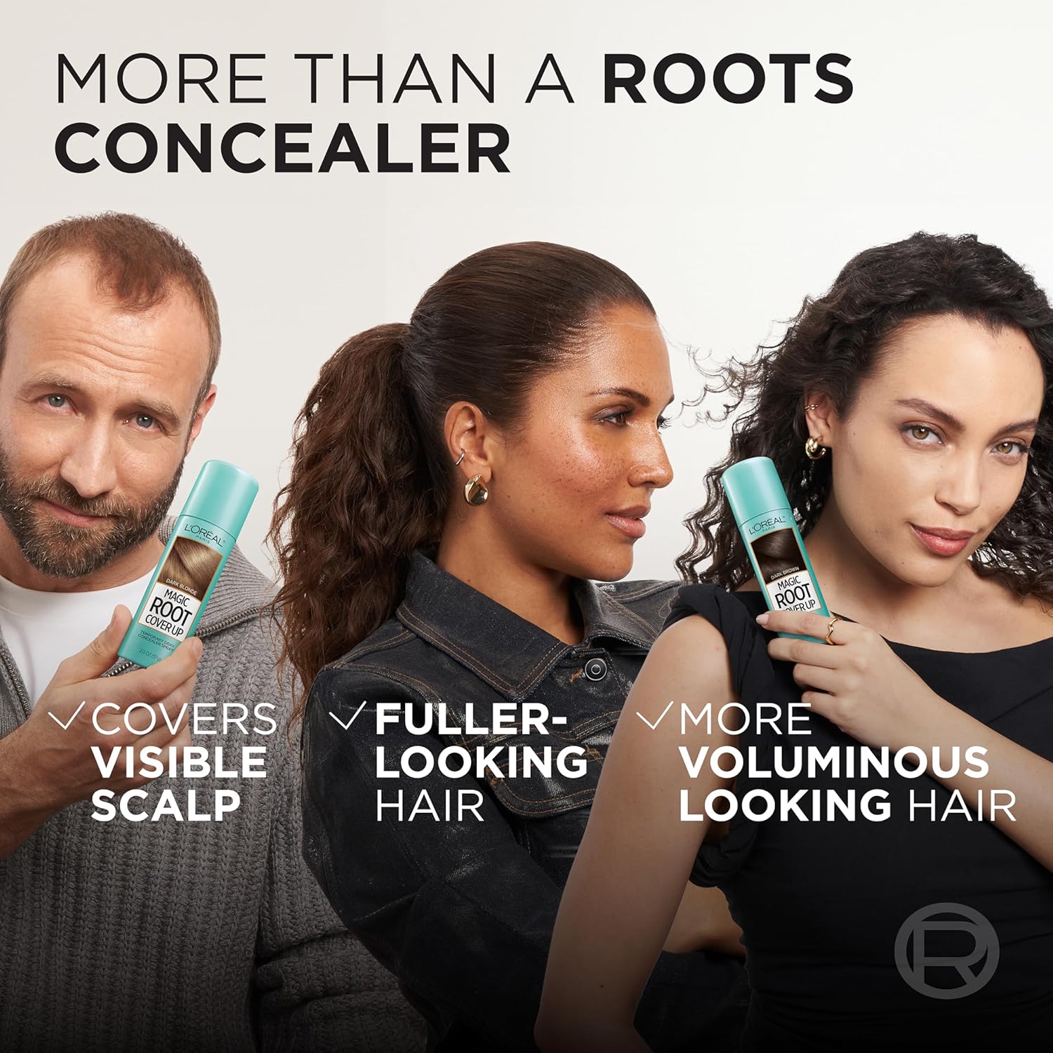 Showcases the multiple benefits of the root concealer product, including covering visible scalp, creating fuller-looking hair, and adding more volume.