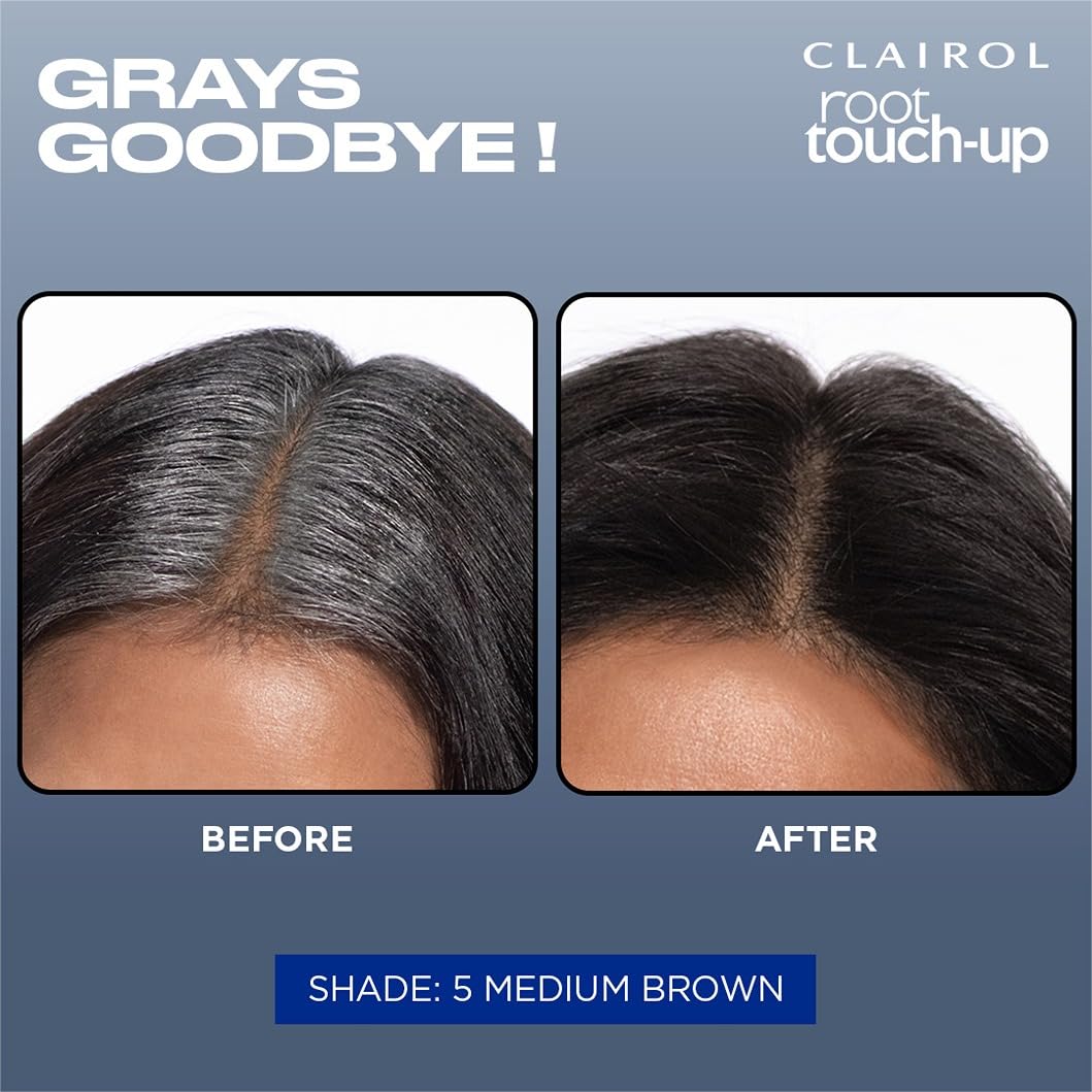 Visually demonstrates the product's effectiveness in covering gray roots and blending seamlessly with existing hair color.