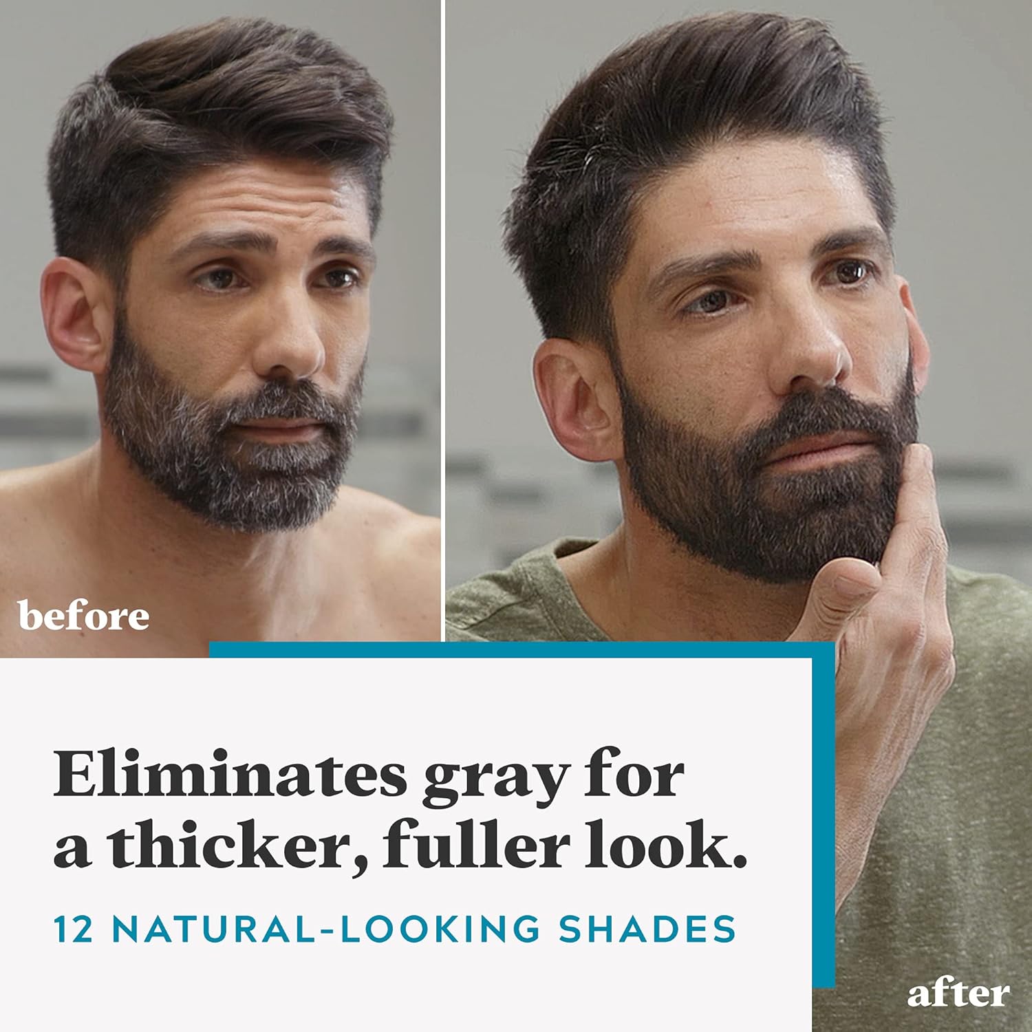 Visually demonstrates the product's ability to eliminate gray hair and provide a fuller, thicker appearance.