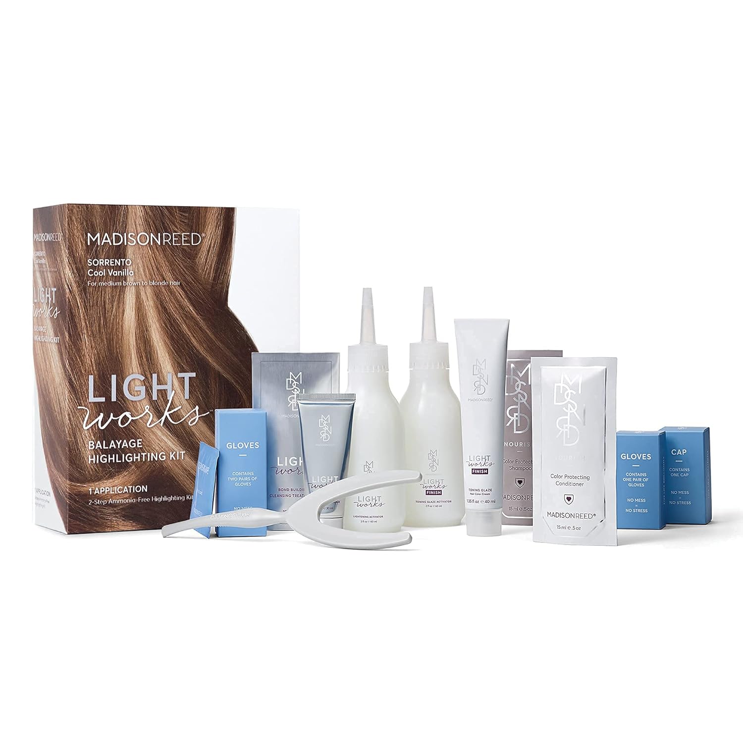 Shows all the items included in the hair highlighting kit to set expectations for what the customer will receive.