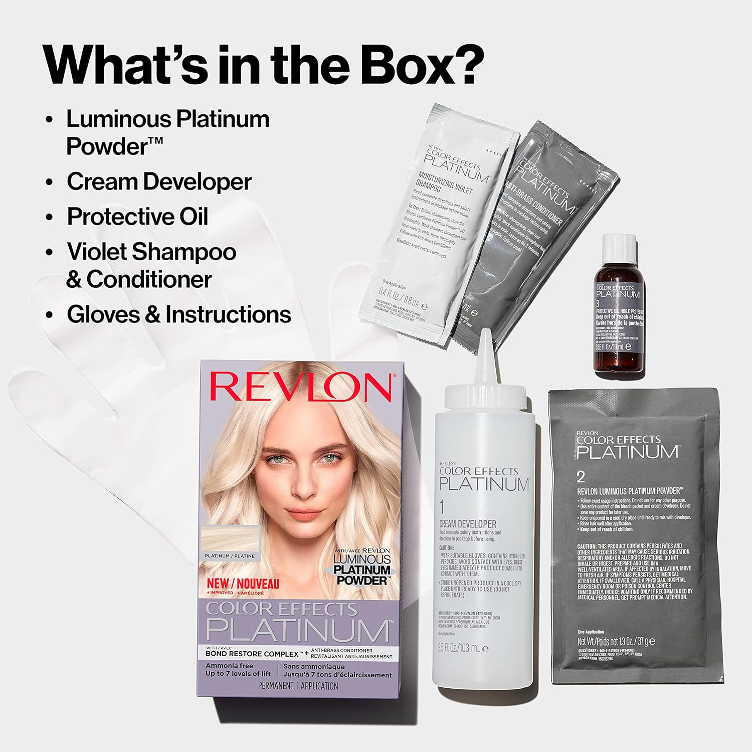 Shows all the items included in the hair color kit, allowing customers to understand the complete set of products they will receive.