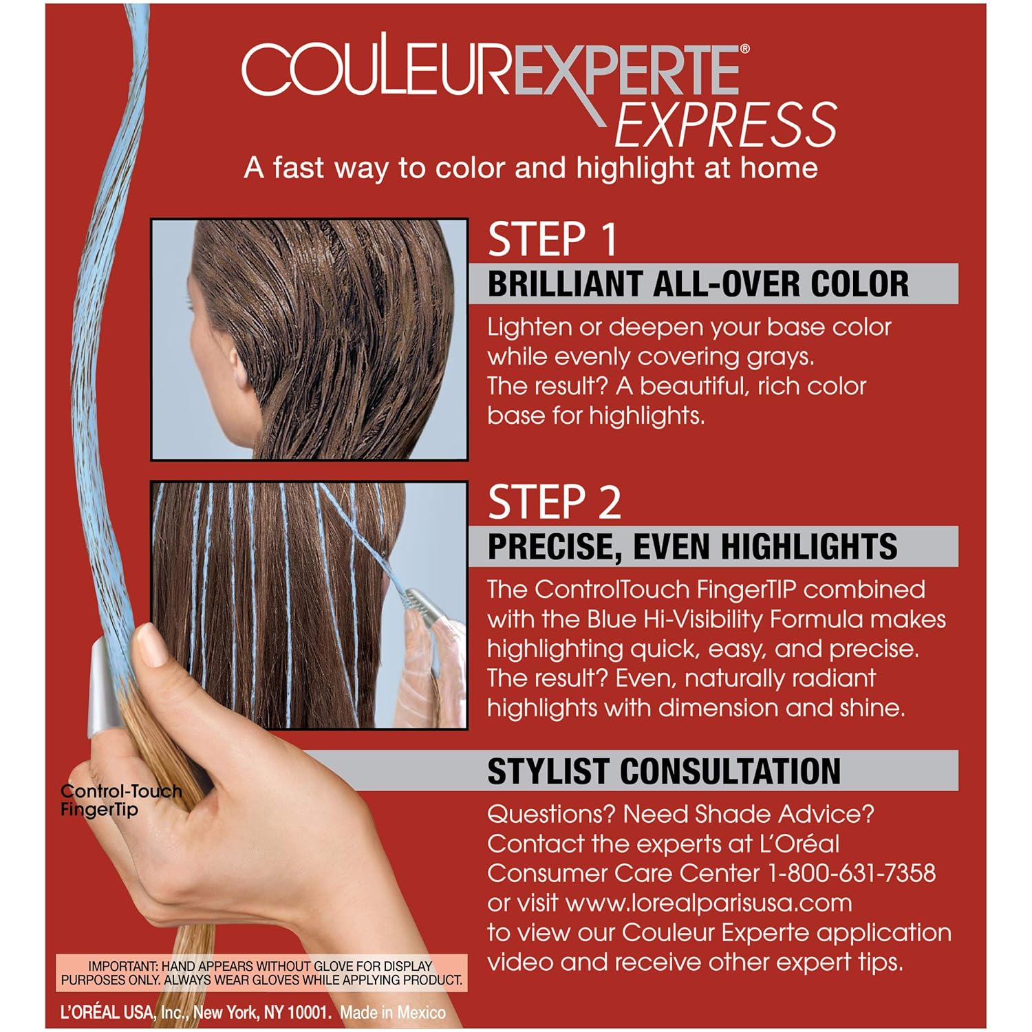 Explains the two-step process for using the product to color and highlight hair at home, highlighting the ease and precision of application.
