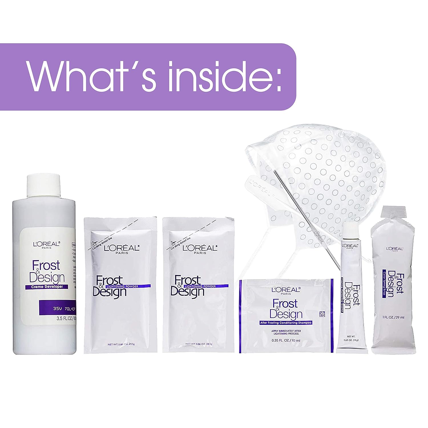 Shows all the items included in the Frost Design hair coloring kit, allowing customers to see everything they will receive.