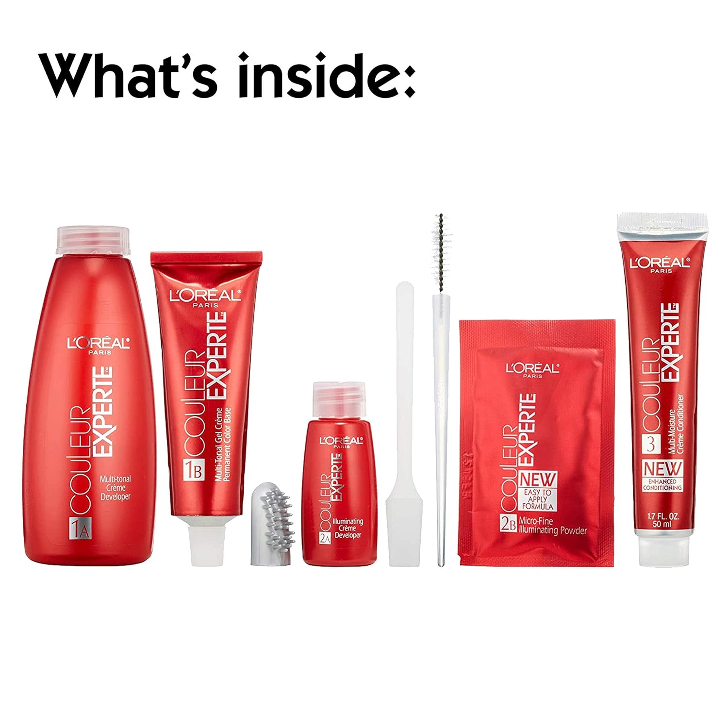 Shows all the items included in the hair color kit so customers know exactly what they are getting.