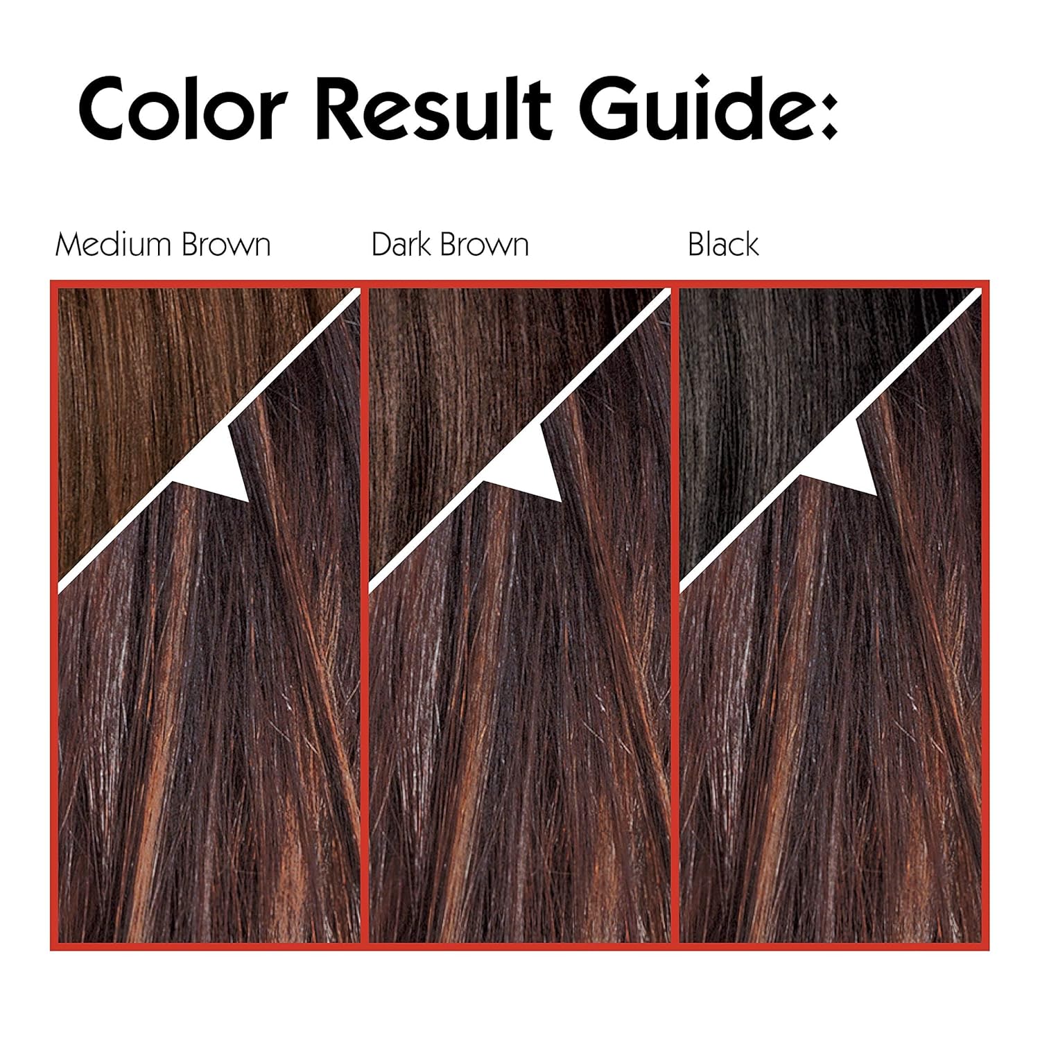 Guides customers in selecting the right hair color shade by showing visual examples of medium brown, dark brown, and black shades.