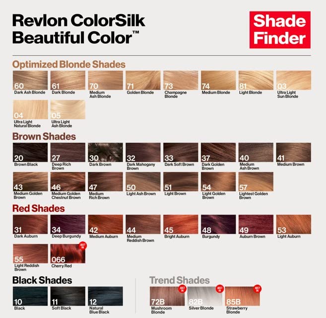 Guides shoppers in selecting the right hair color shade from the Revlon ColorSilk range by showcasing all available shade options organized by color families.