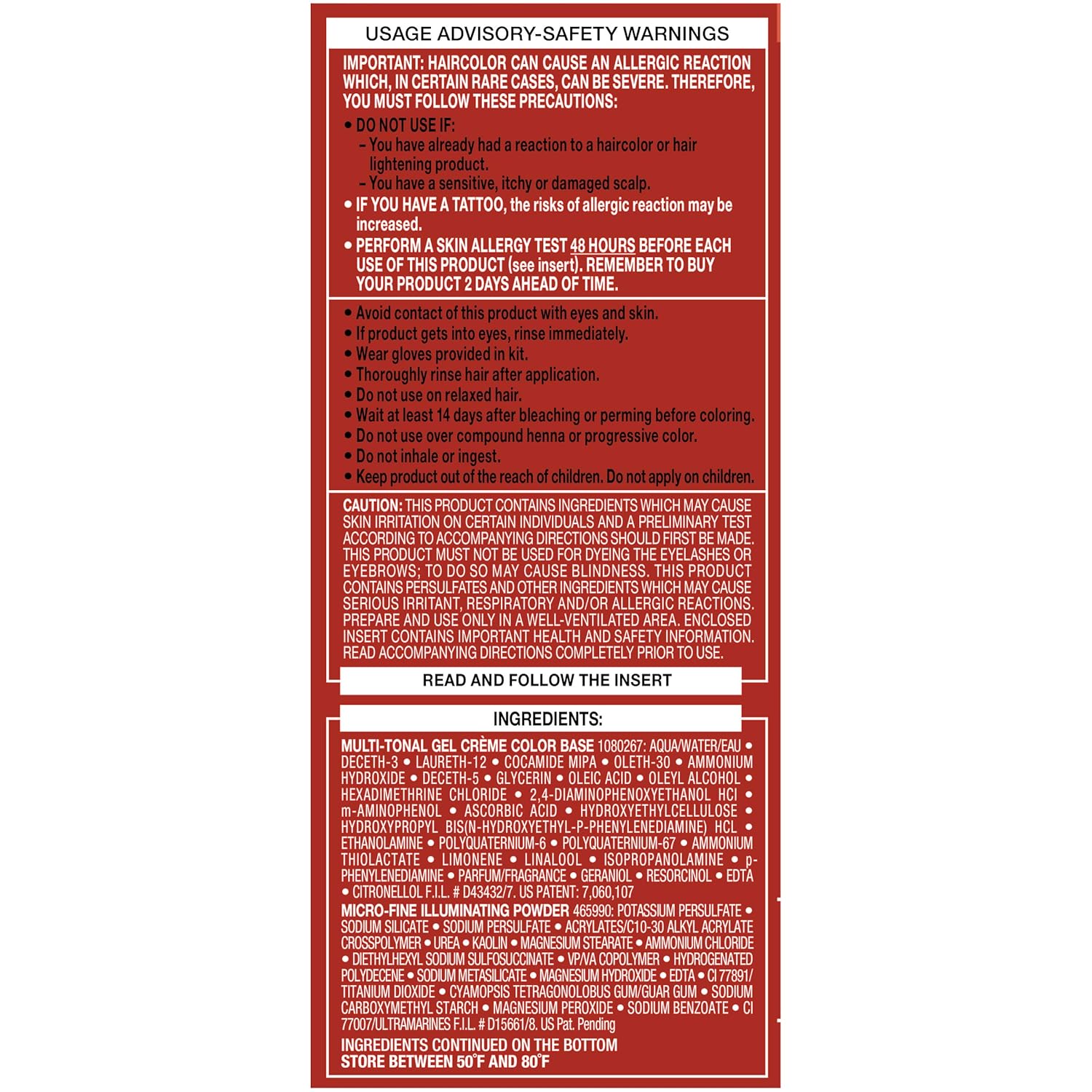 Provides important safety information, usage precautions, and a list of ingredients for the hair color product to ensure safe and proper use.