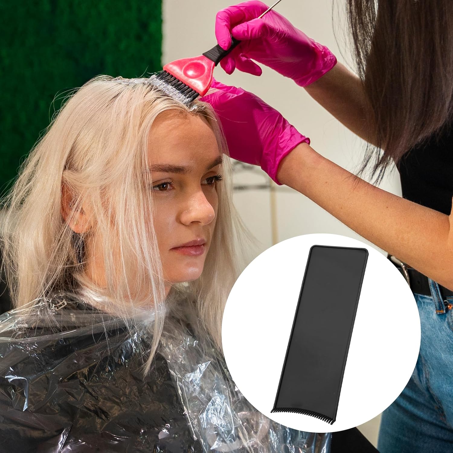 Demonstrates how to use the product by showing the application process for coloring hair.