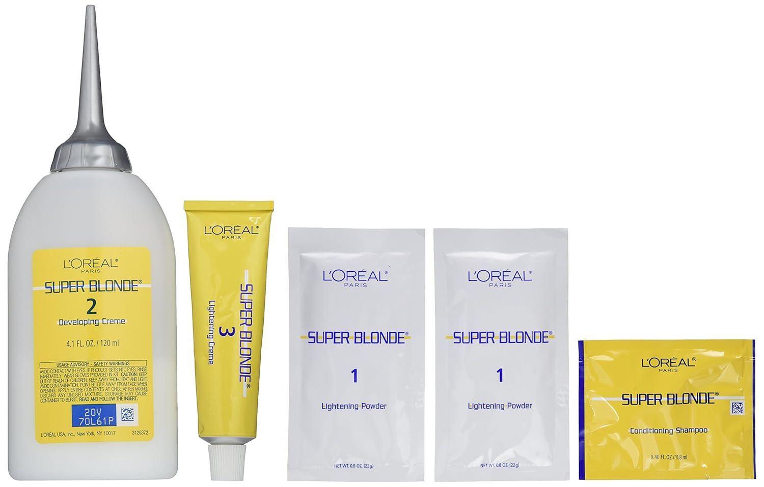 Shows all the components included in the Super Blonde hair lightening kit to set expectations for what the customer will receive.