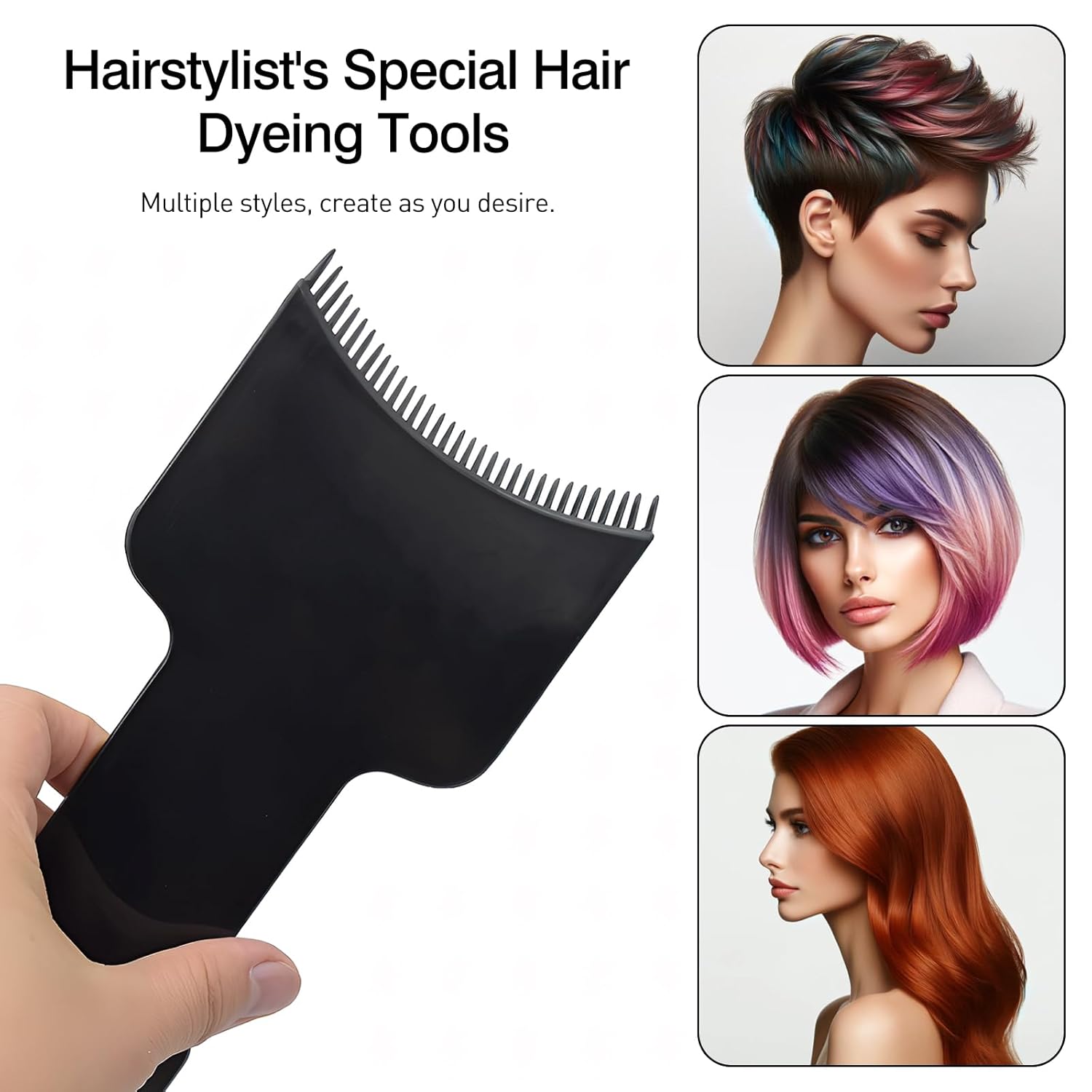 Showcases the versatility of the hair dyeing tool by demonstrating different hair color and styling applications it can achieve.