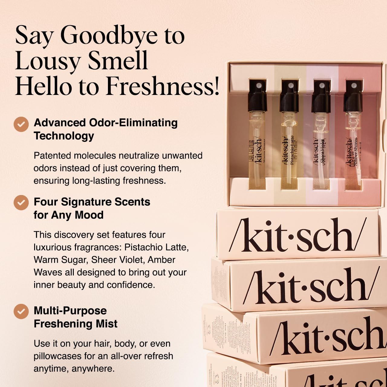 Highlights the product's key features including advanced odor-neutralizing technology, variety of luxurious scent options, and versatile use for hair, body, and fabrics.