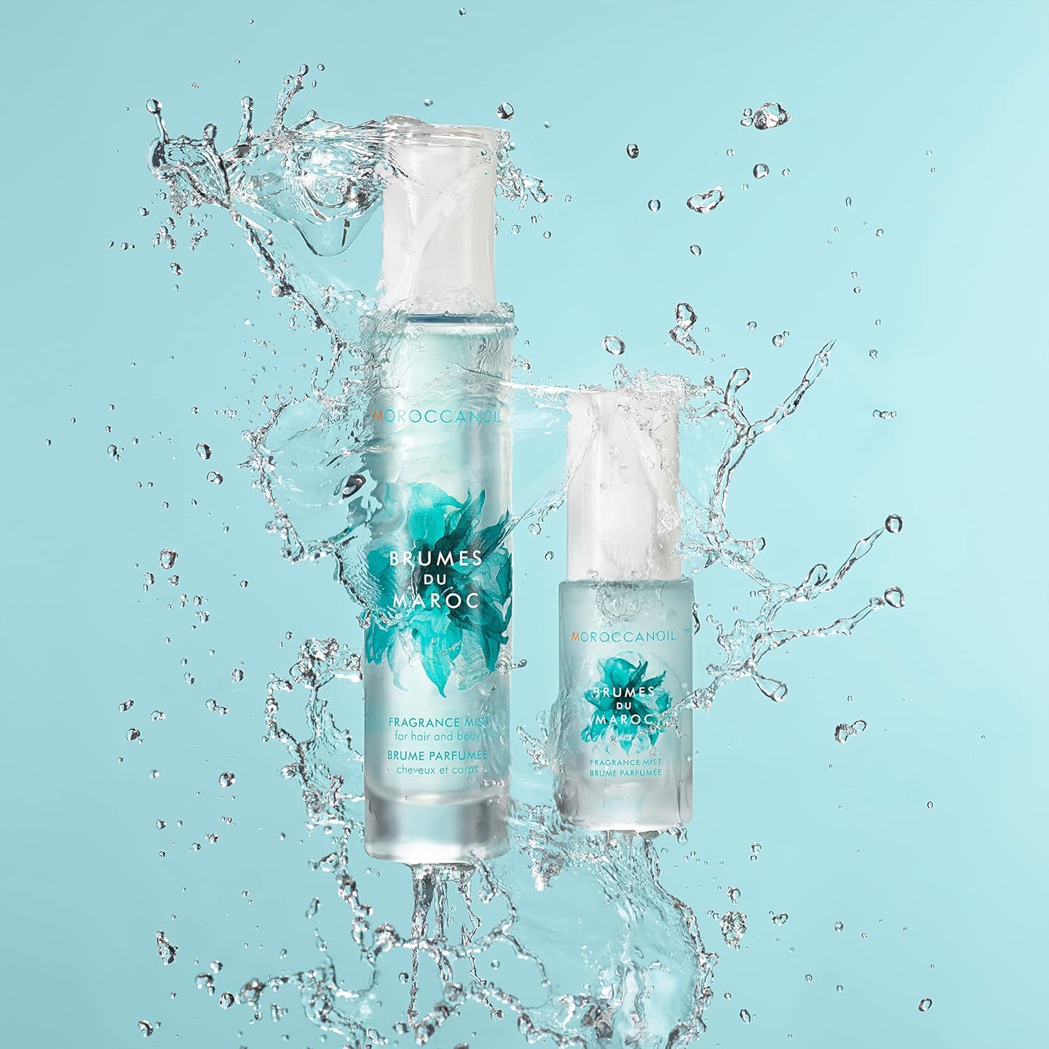 Highlights the water-resistant quality of the product through a visually striking image of water splashing around the bottles.