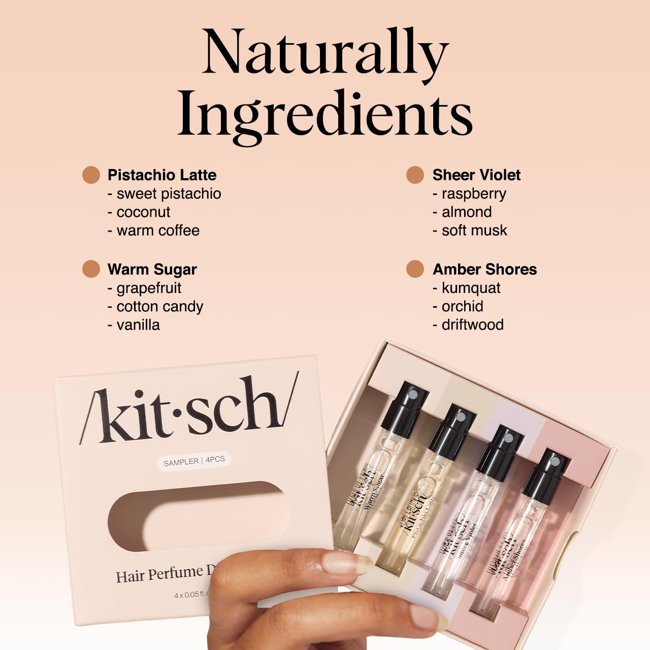Shows the different fragrance samples and ingredients included in the hair perfume sampler kit.