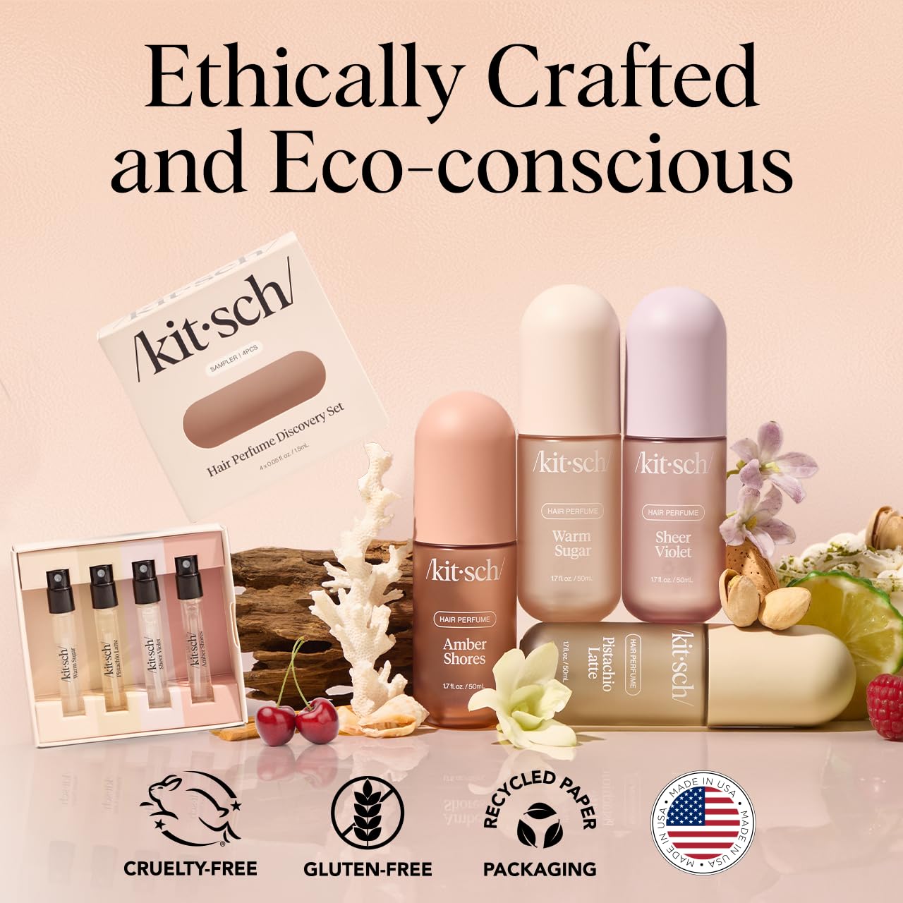 Shows the various products included in the Kitsch hair perfume and soap collection, highlighting the eco-friendly and ethically crafted nature of the brand.