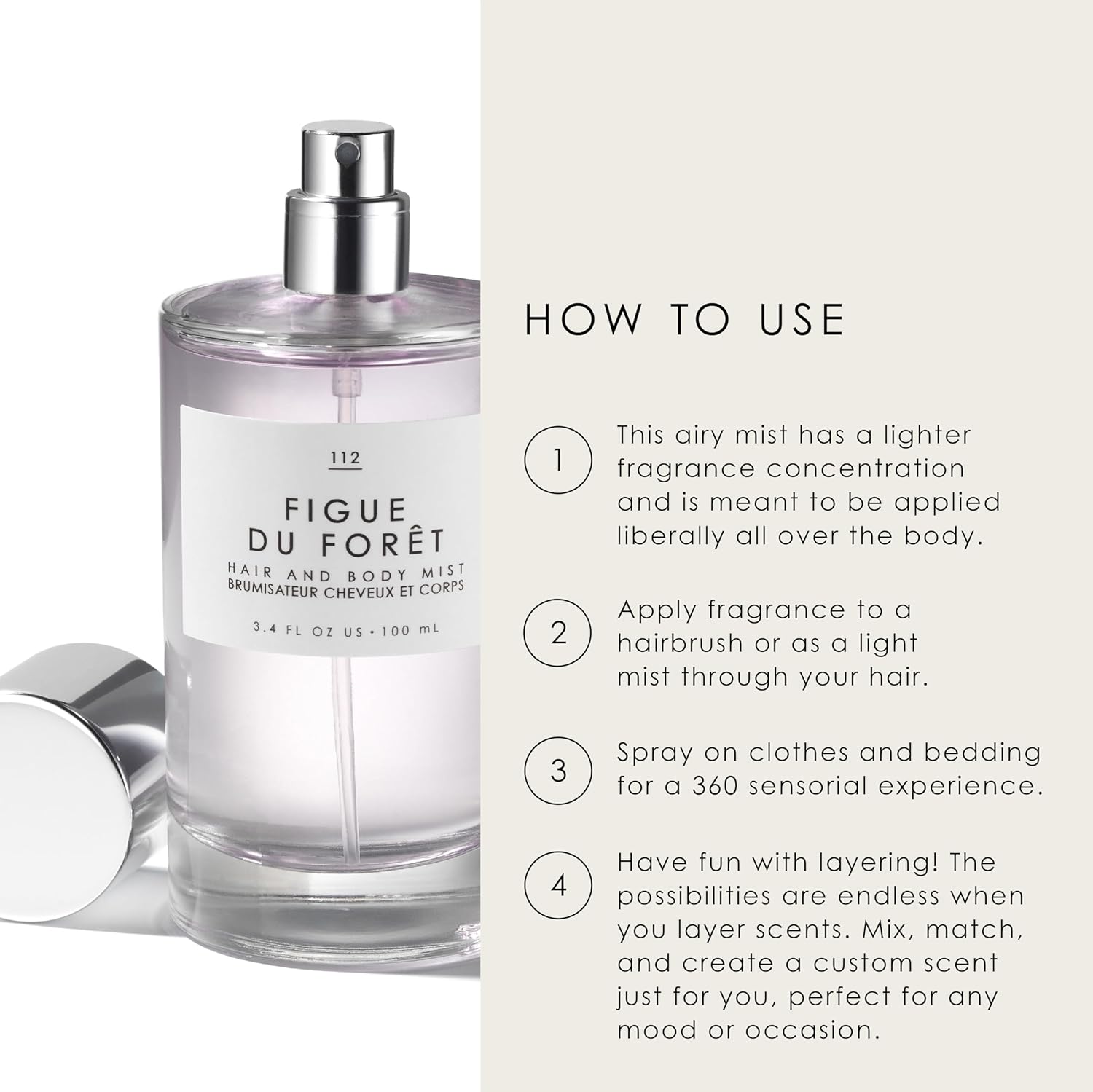 Explains how to use and apply the hair and body mist product in different ways for a sensorial experience.