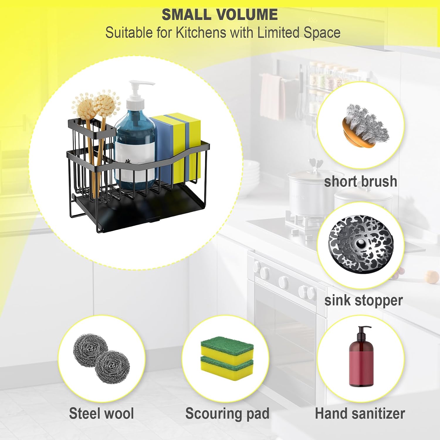 Shows the various cleaning accessories and items included with the product, which is a compact storage basket suitable for small kitchens.