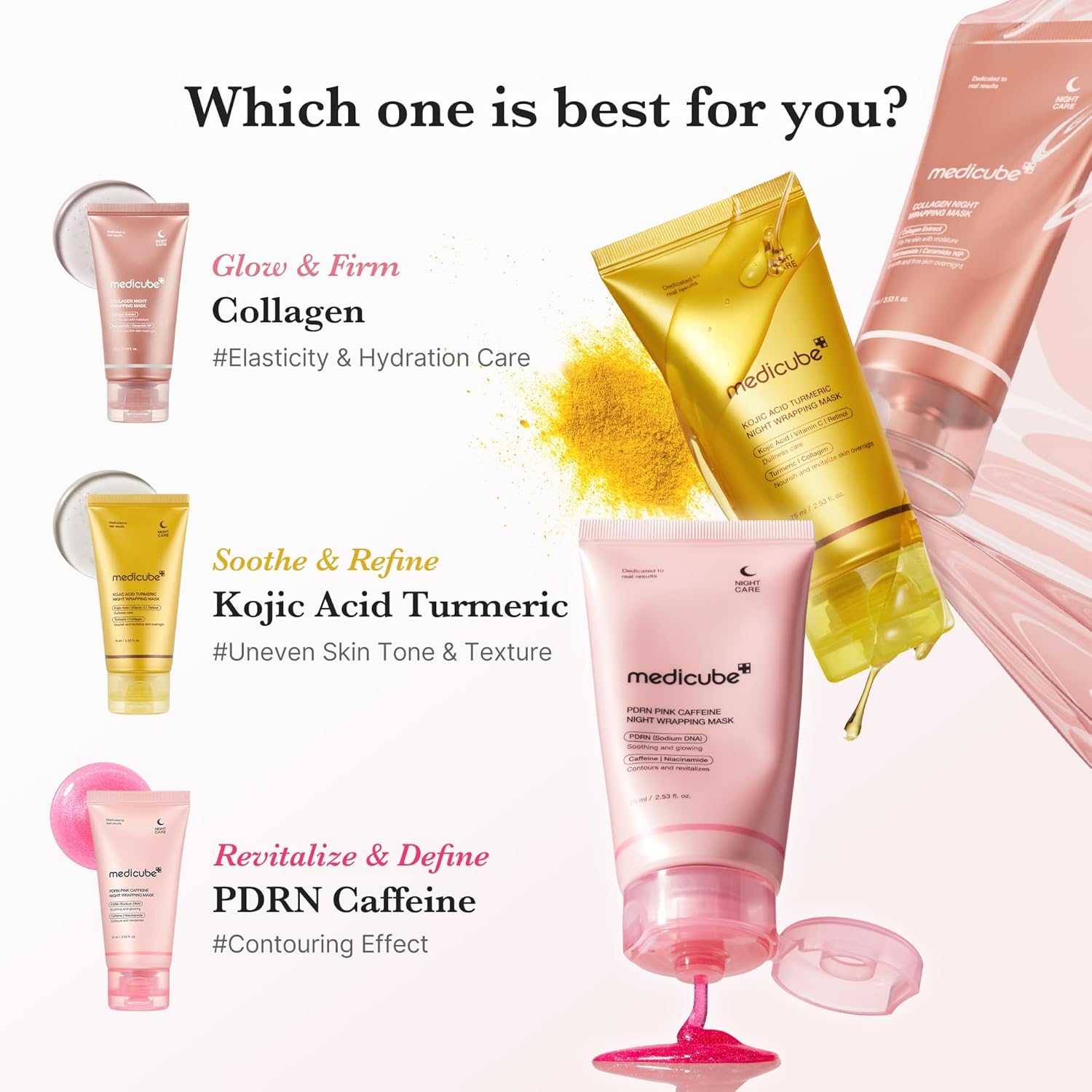 Guides shoppers in selecting the right skincare product based on their specific needs like elasticity, uneven skin tone, or contouring effect.
