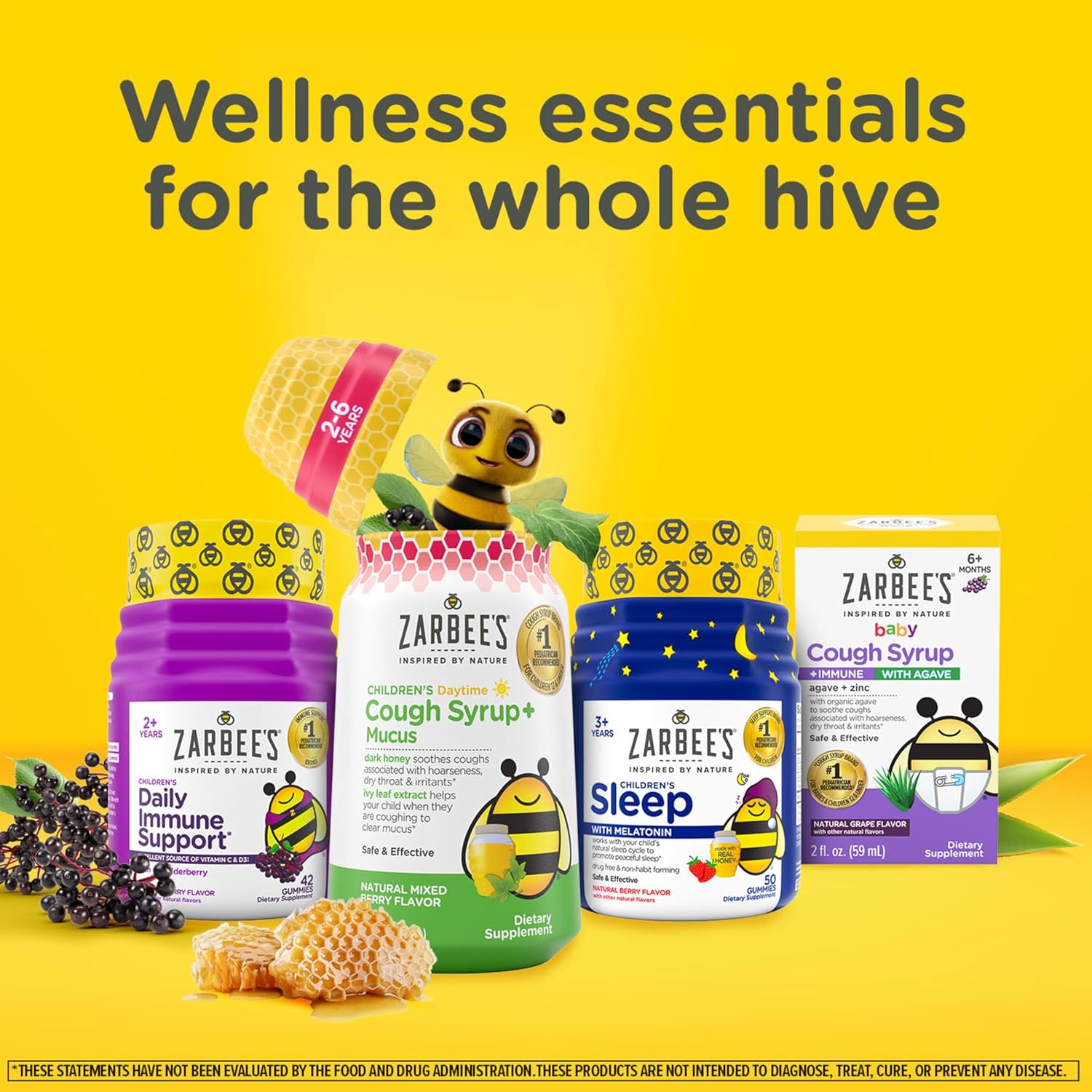 Shows the various wellness products offered by the brand, including supplements, cough syrups, and sleep aids for different age groups.
