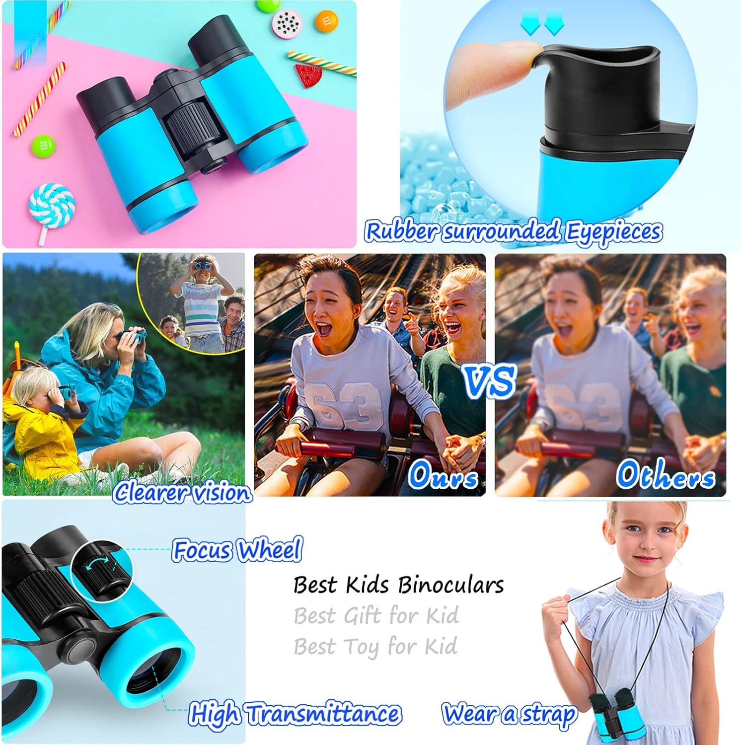 Highlights multiple features of the kids binoculars like rubber eyepieces, focus wheel, high light transmittance, and ability to wear a strap to showcase its…
