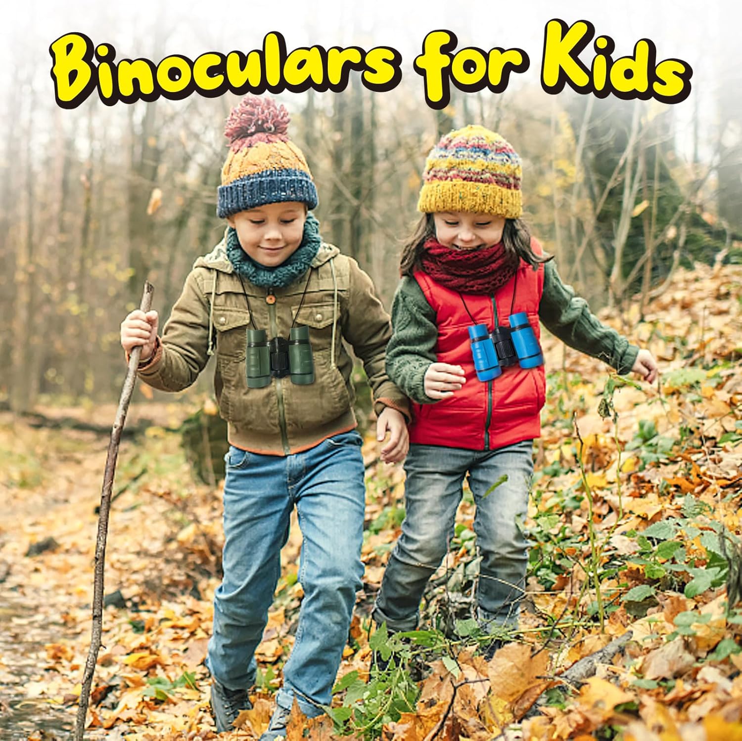 Showcases kids using the binoculars in a natural outdoor setting, conveying a sense of adventure and discovery.