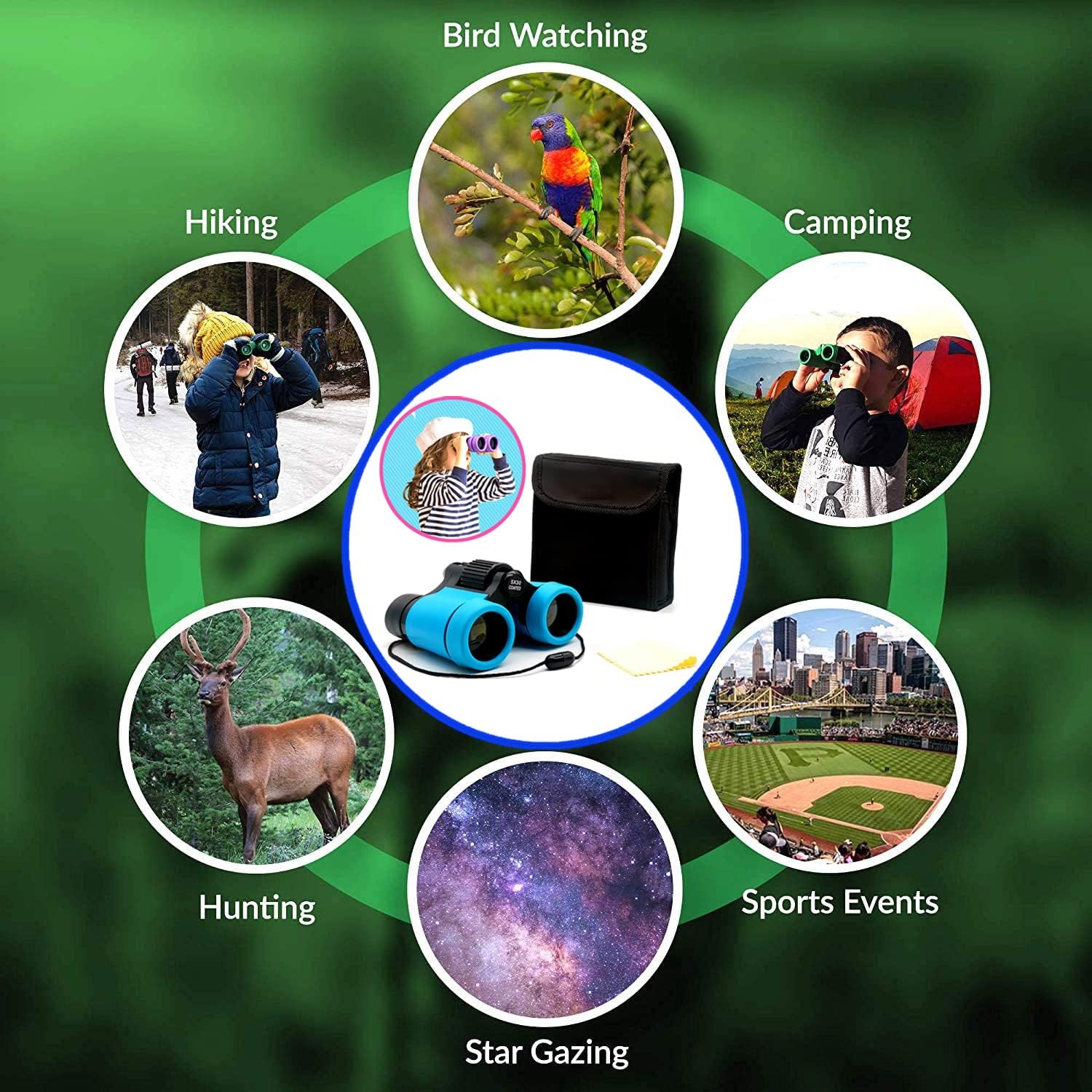 Demonstrates the various use cases and environments where the binoculars can be effectively used.