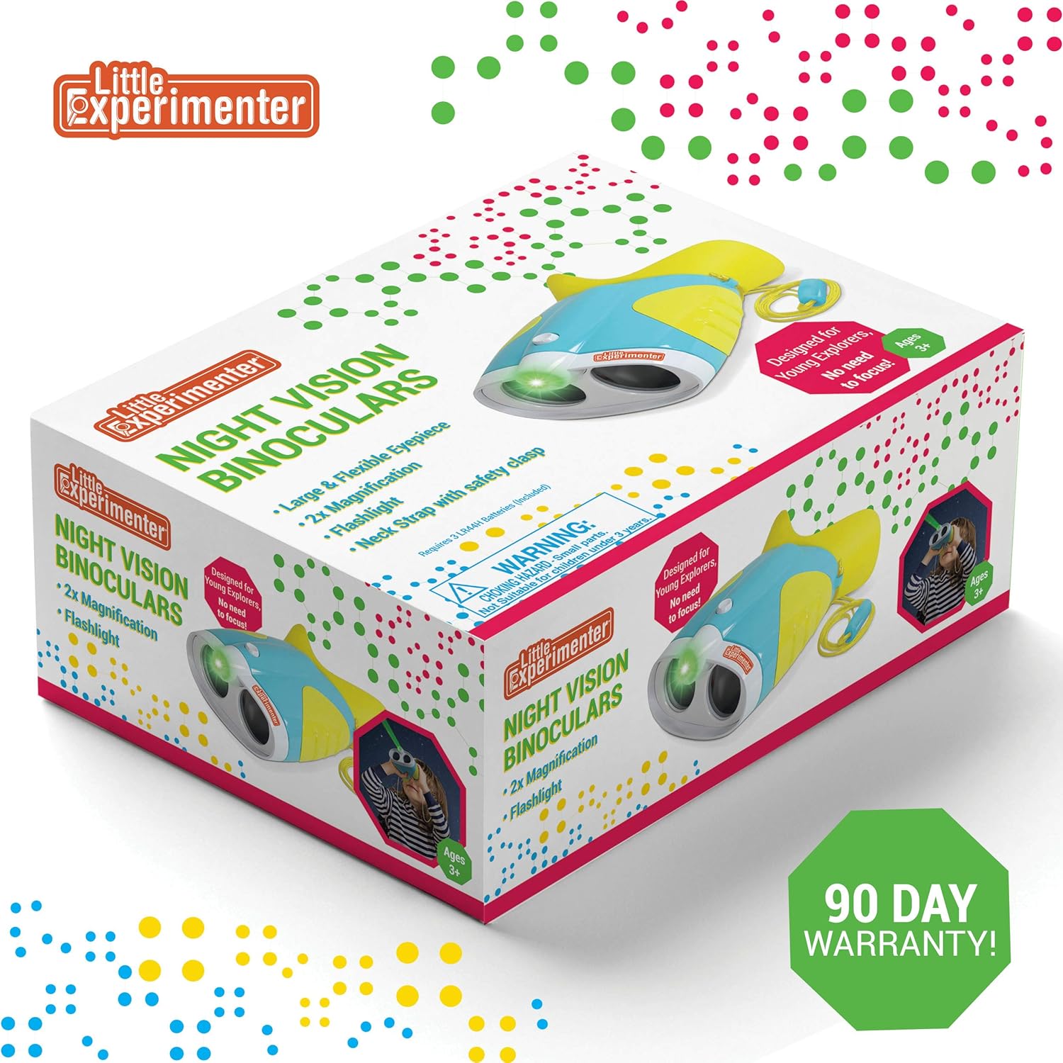 Shows the contents included in the product kit - night vision binoculars with magnification and flashlight features.