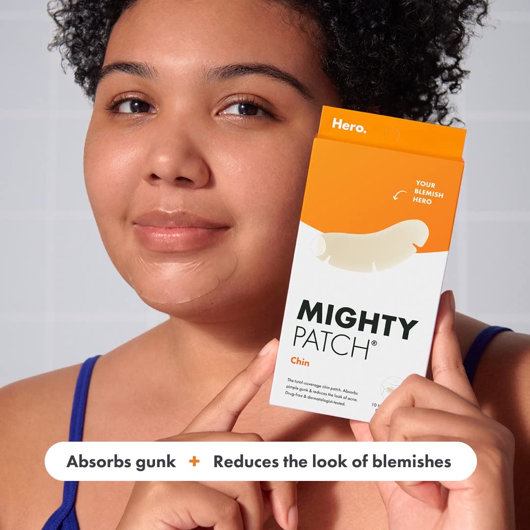 Highlights two key benefits of the Mighty Patch product: its ability to absorb impurities and reduce the appearance of blemishes.