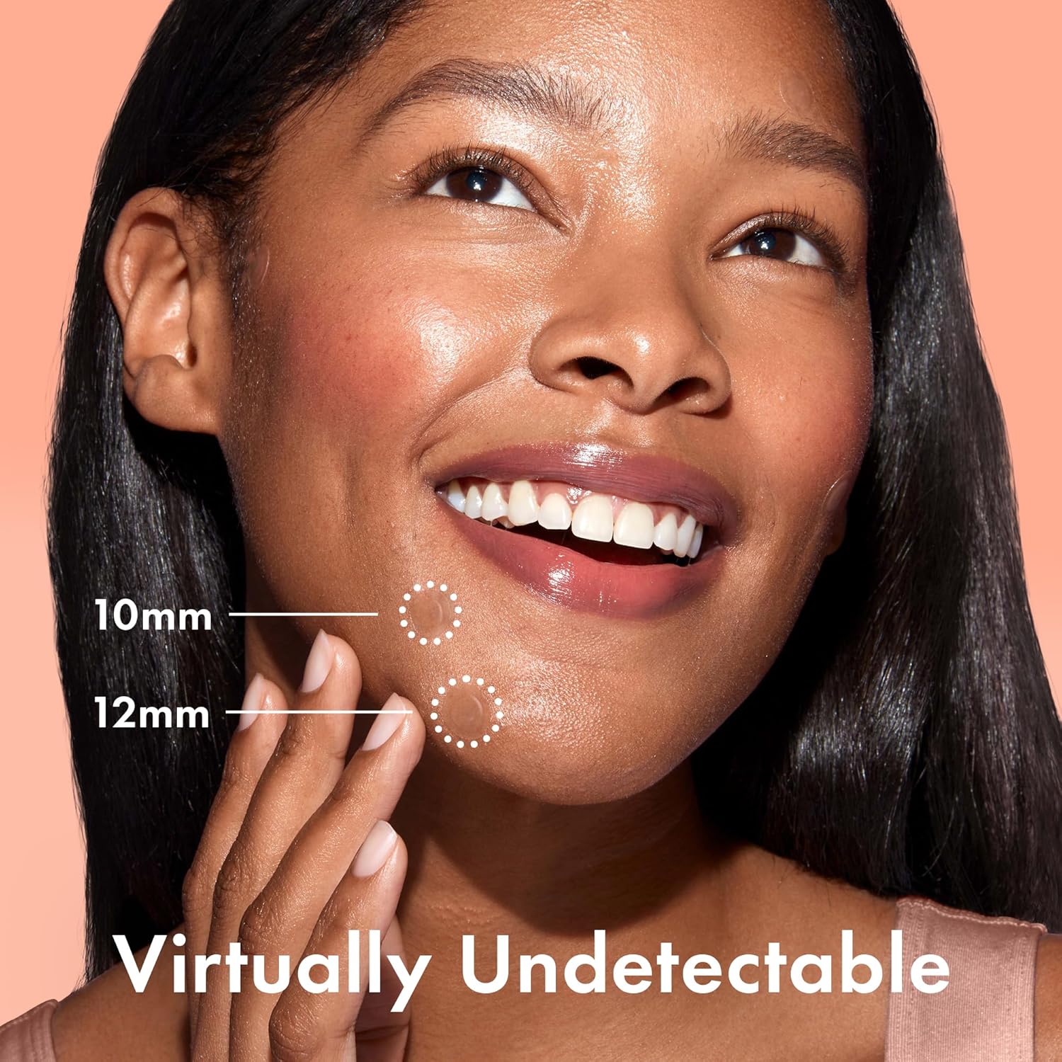 Highlights the product's ability to provide seamless, natural-looking coverage on the skin. Shows the small size of the product (likely concealer or foundation) to emphasize its precision and…