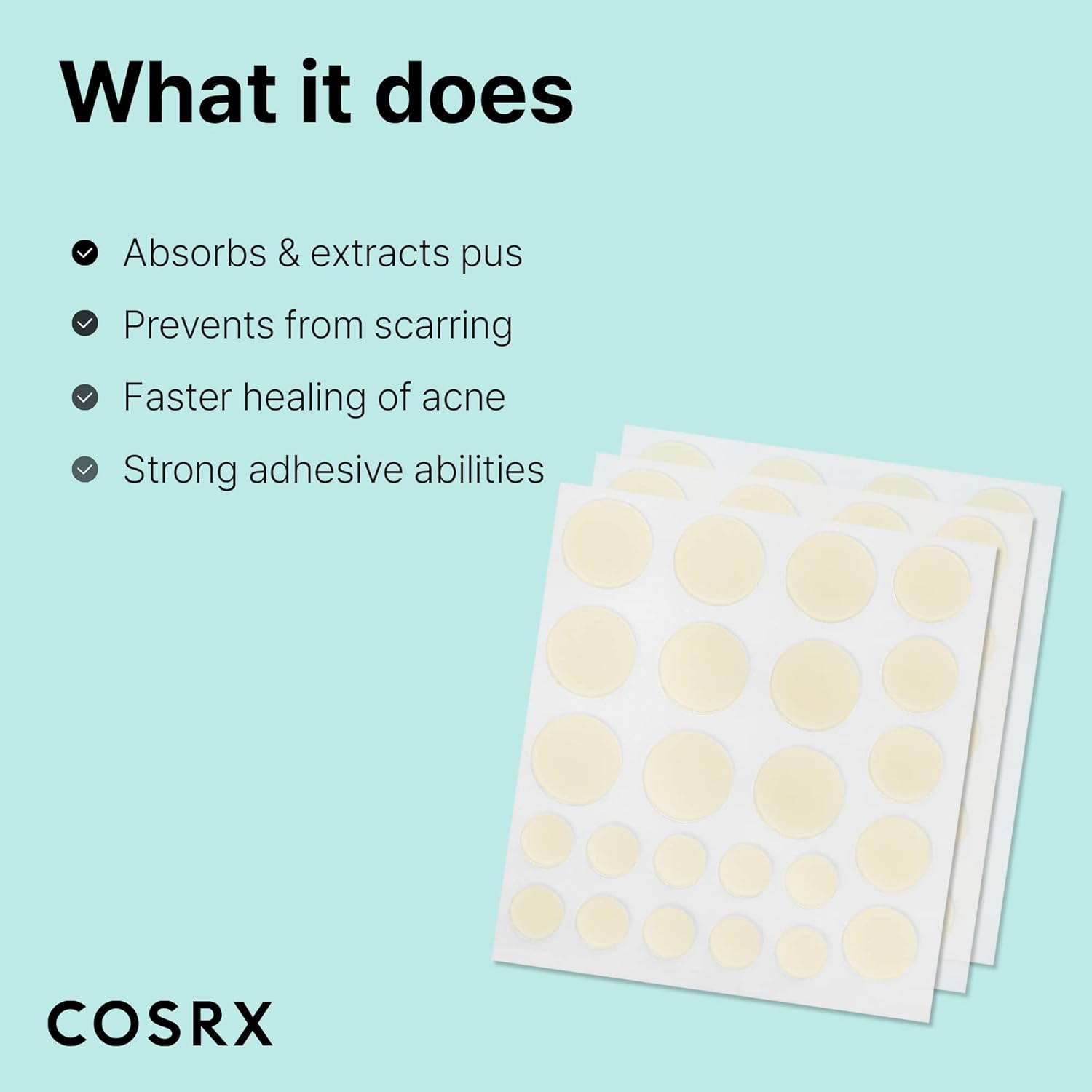 Highlights multiple benefits of the product for treating acne, preventing scars, and promoting faster healing.