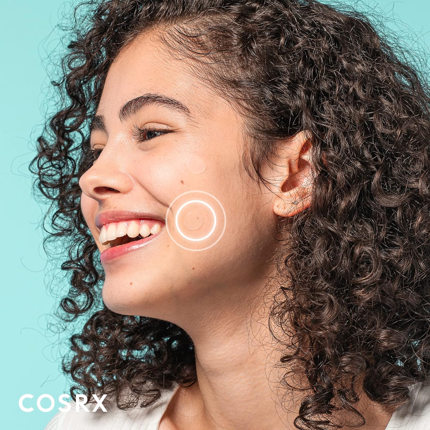 Highlights the product's ability to improve skin clarity and complexion, showcasing a smiling model with clear, glowing skin.
