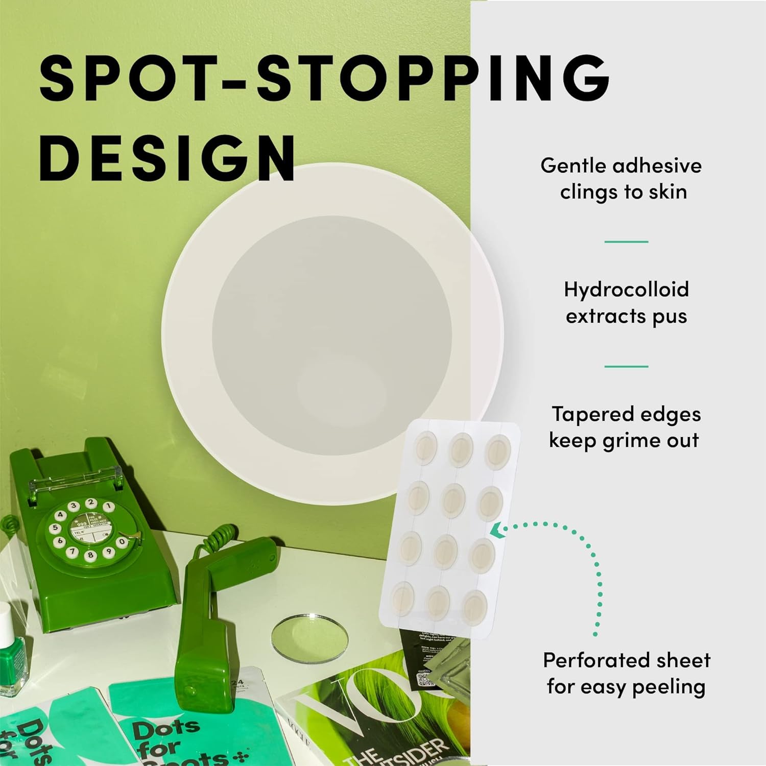 Highlights the key design features of the product that make it effective for stopping spots, including its adhesive properties, pus extraction, and protective edges.