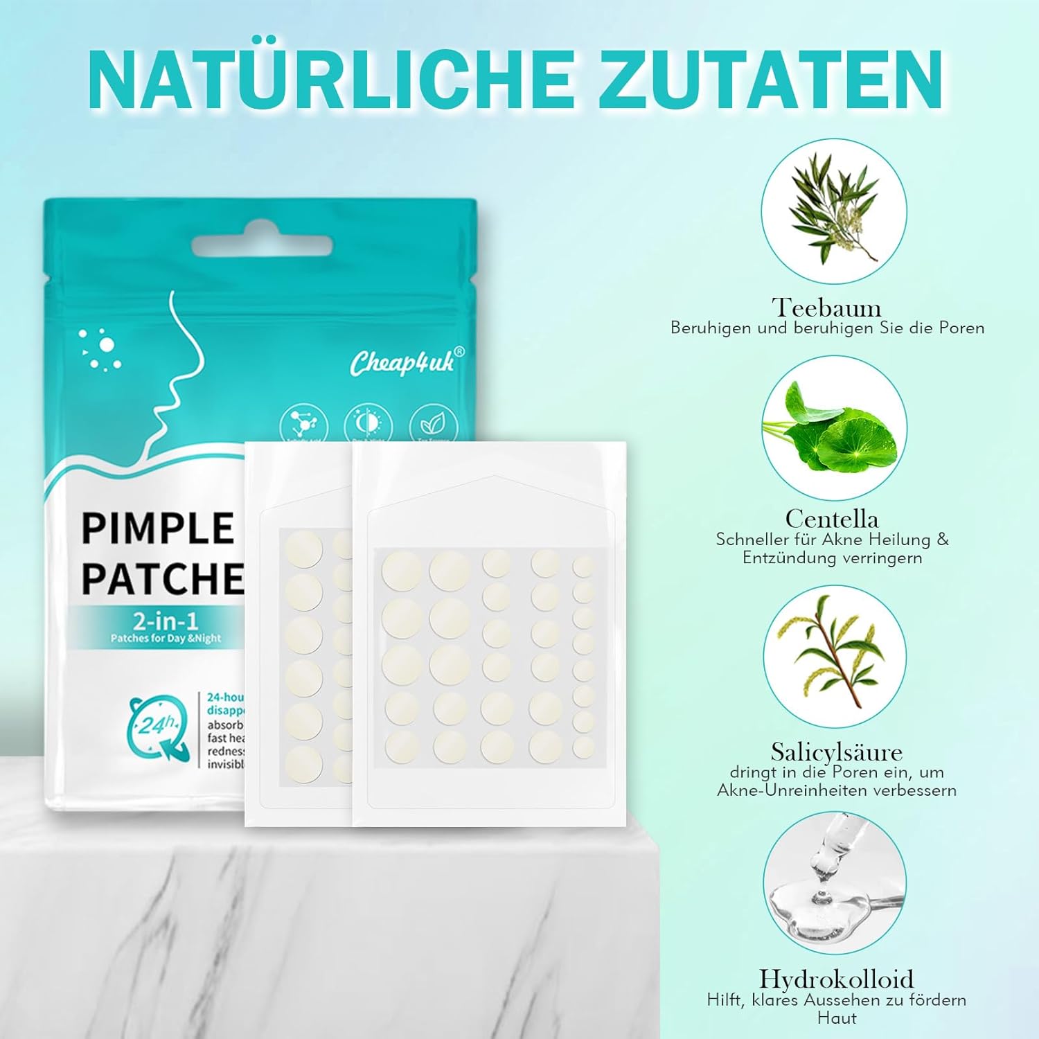 Highlights the natural ingredients in the pimple patches and their specific benefits for treating acne and skin issues.
