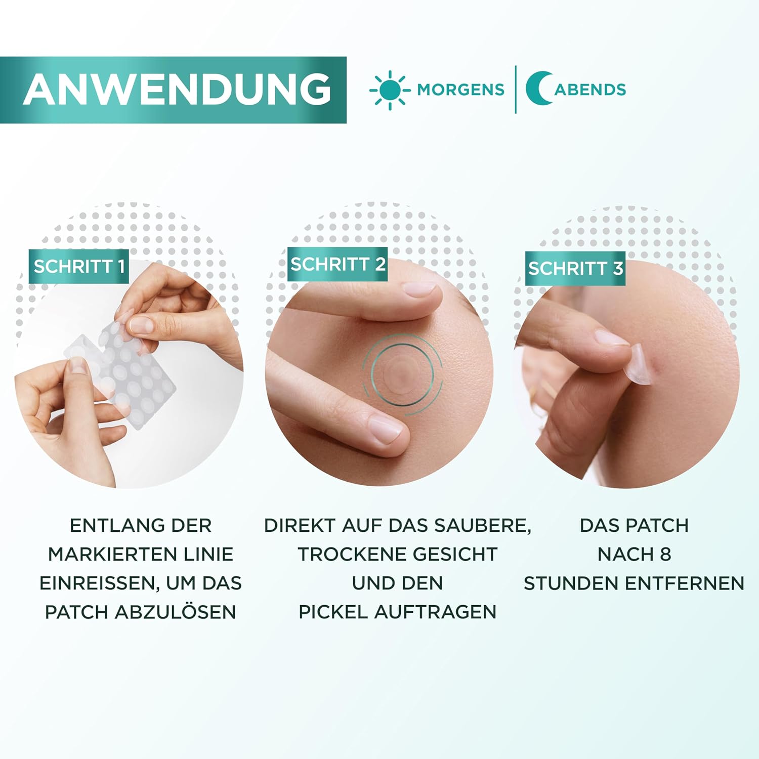 Demonstrates the step-by-step process of applying and removing an acne patch, helping users understand proper usage for maximum effectiveness.