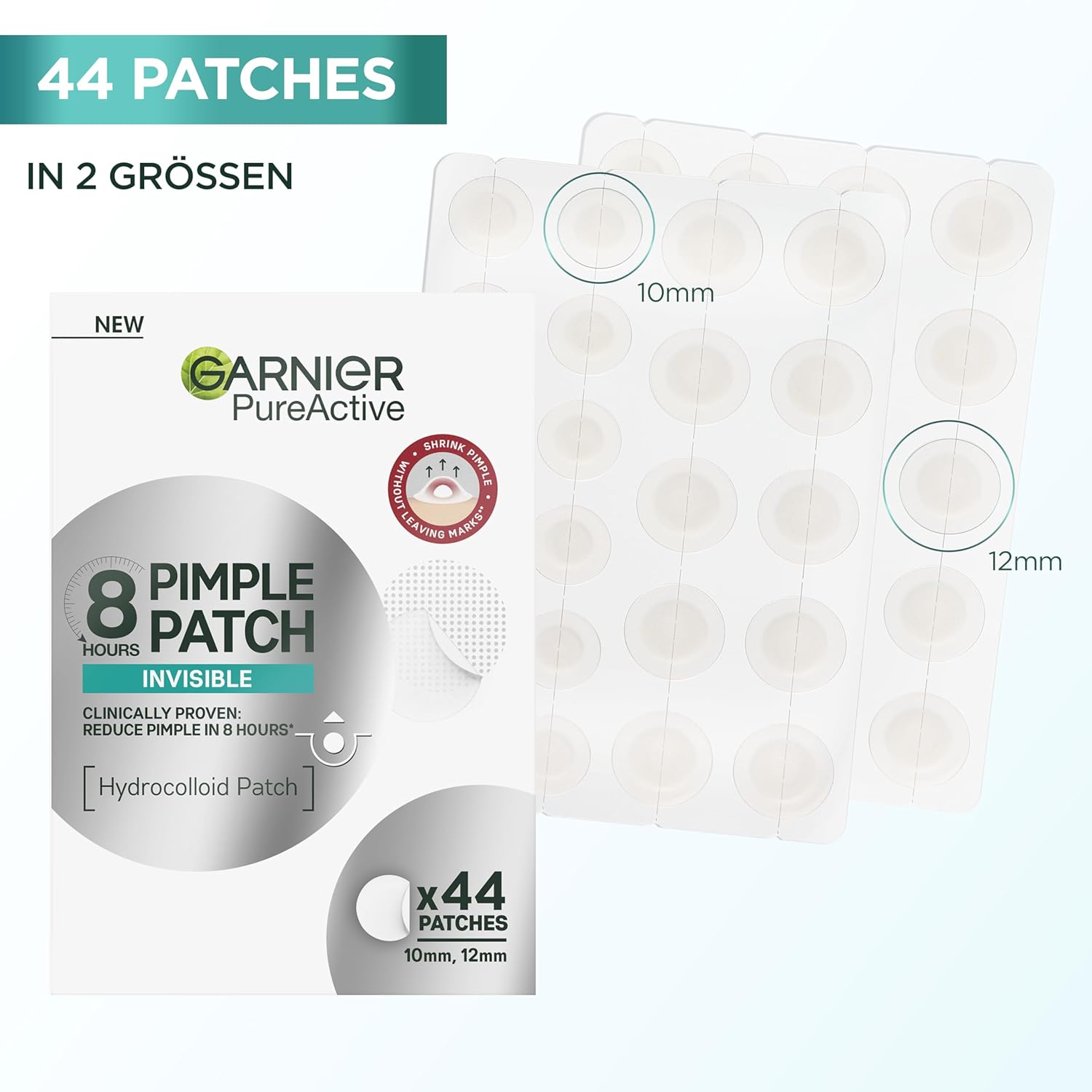 Shows the quantity and sizes of pimple patches included in the package, helping customers understand exactly what they're getting.