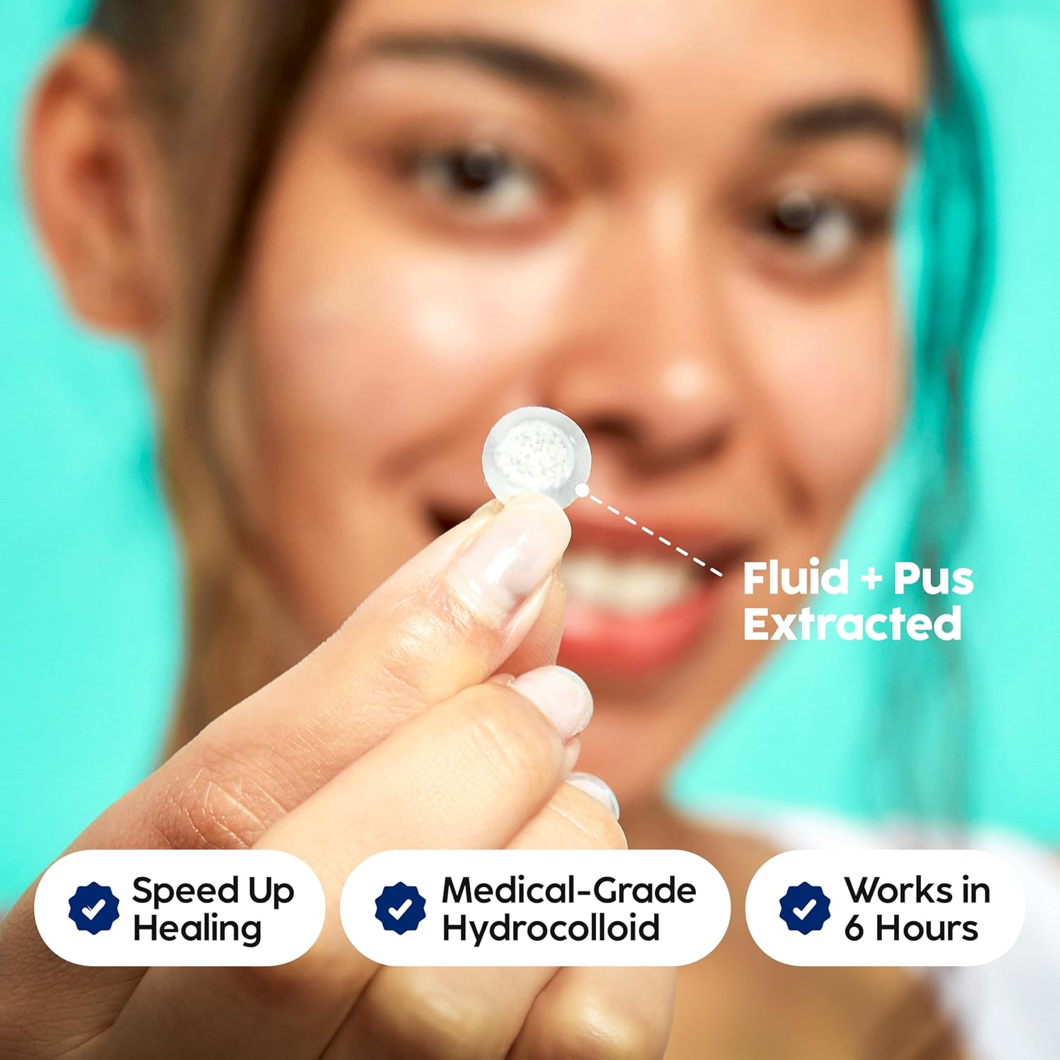 Highlights multiple benefits of the product including its ability to extract fluid and pus, speed up healing, use medical-grade materials, and work quickly within 6 hours.