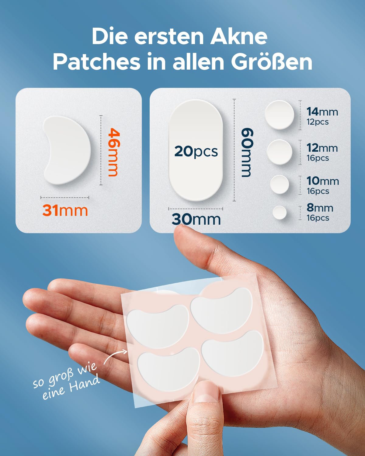 Shows the variety of acne patch sizes available to cover different types of blemishes.