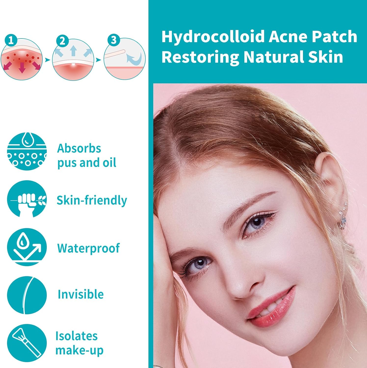 Demonstrates the step-by-step process of how the hydrocolloid acne patch works to absorb pus and oil, restoring natural skin. Highlights multiple benefits of the acne patch to show its effectiveness…
