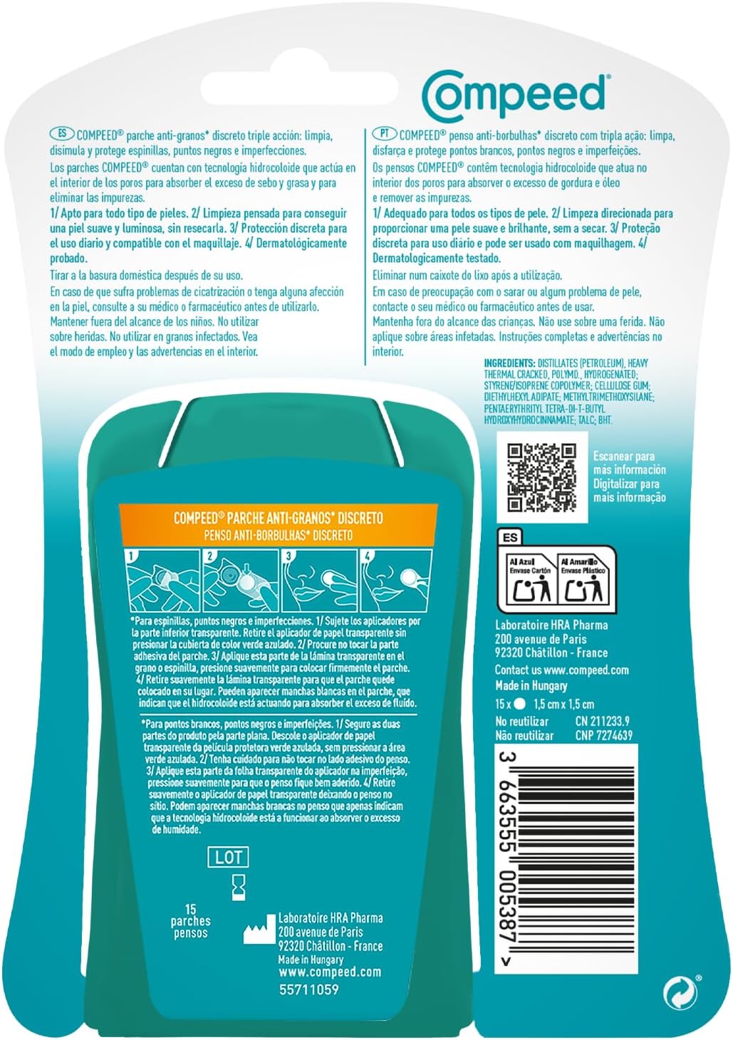 Provides step-by-step instructions on how to apply the Compeed anti-blemish patch correctly. Informs users about safe usage, warnings, and product ingredients to ensure proper application and avoid…