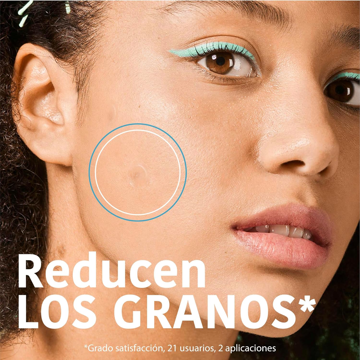Highlights the product's ability to reduce acne or blemishes, showing a clear area of skin to demonstrate effectiveness.