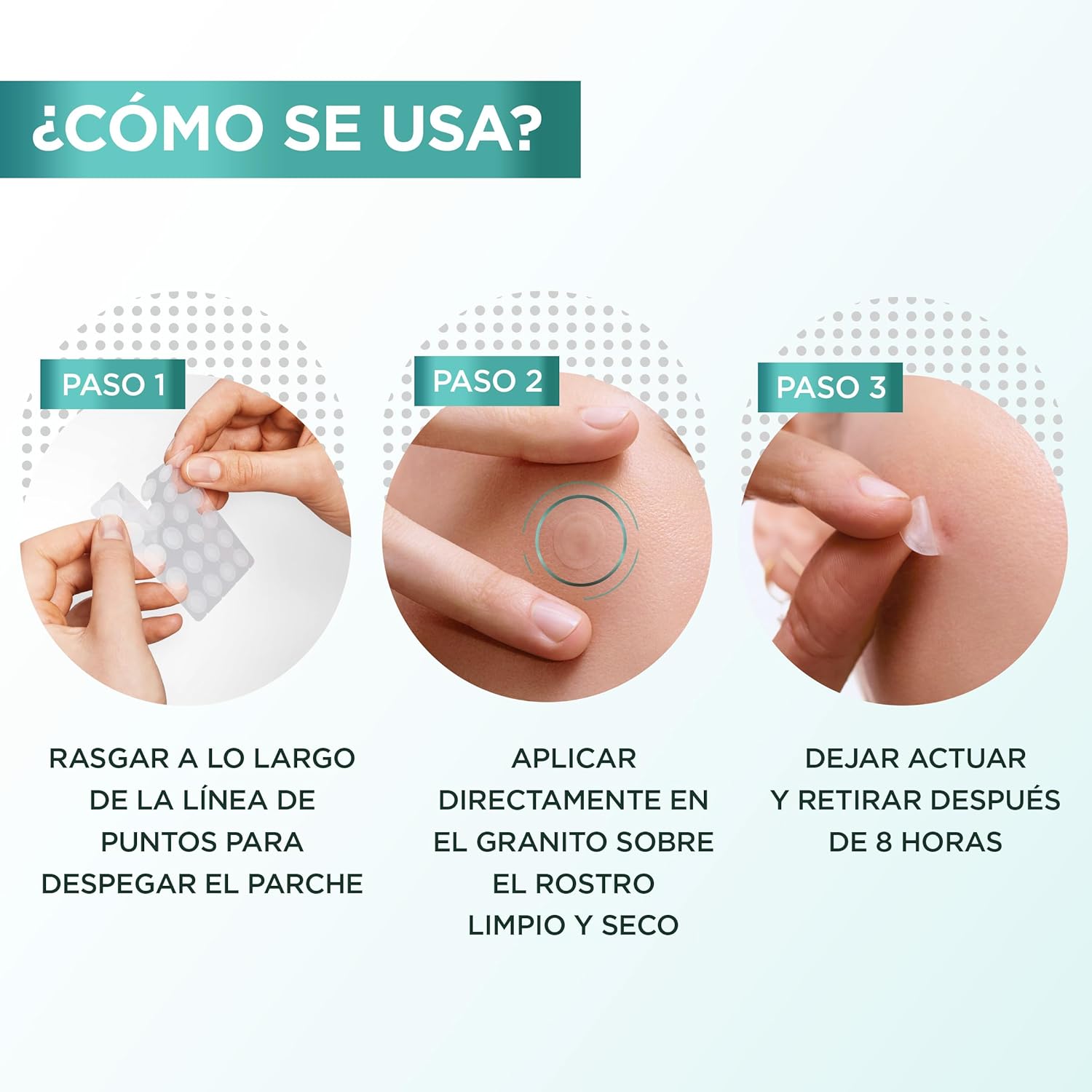 Explains the step-by-step process of how to use the product, likely an acne patch or similar skincare item.