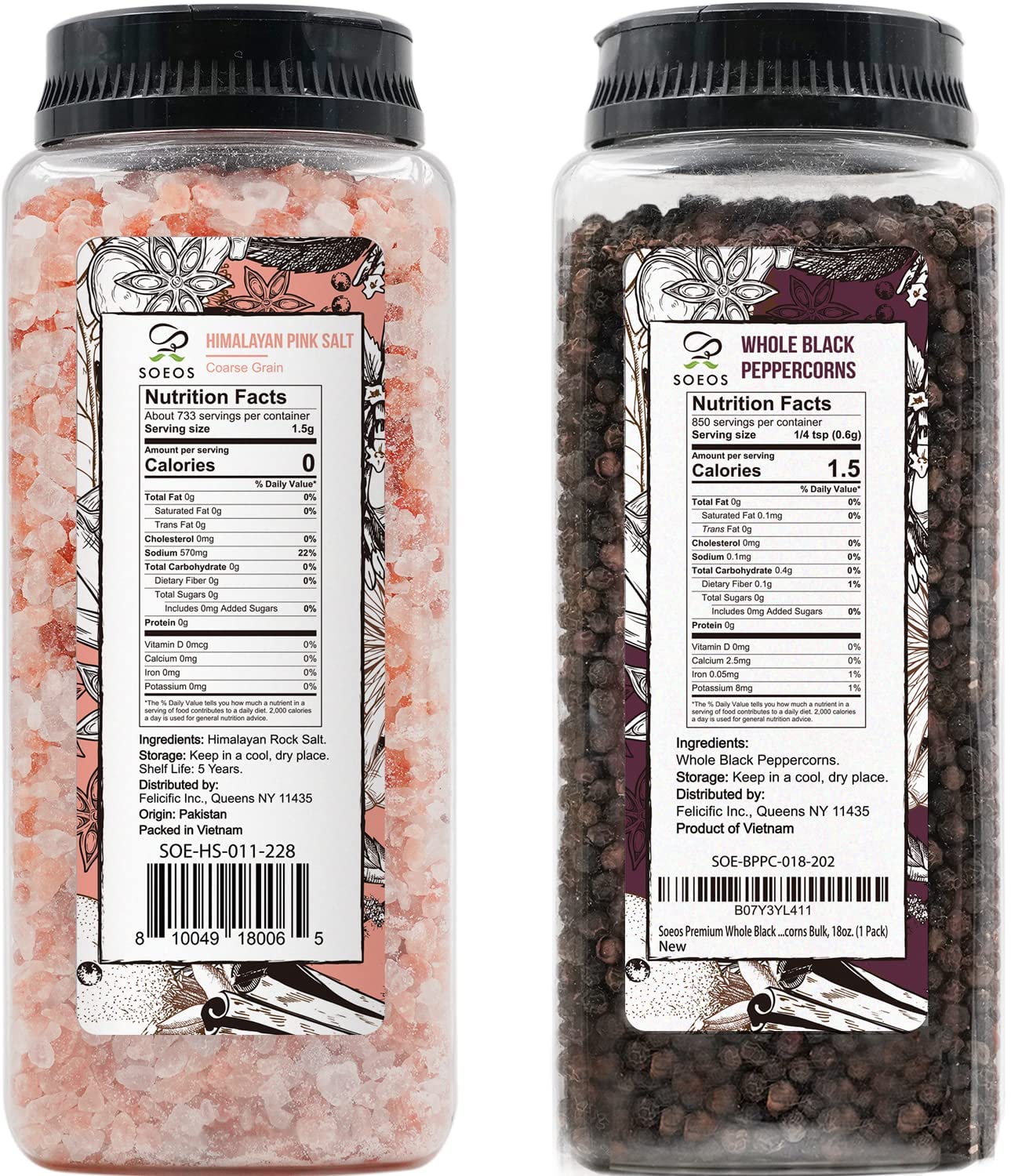 Shows the complete set of Himalayan pink salt and whole black peppercorns that the customer receives, highlighting the complementary pairing.