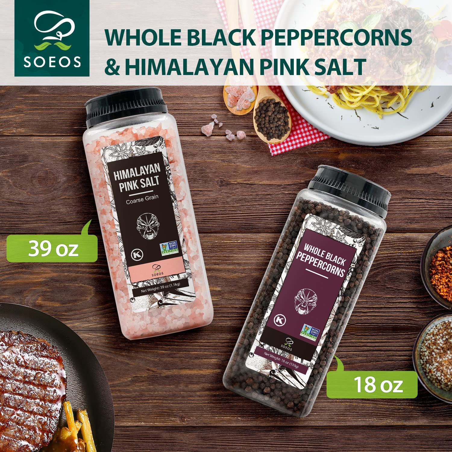 Secondary Images for Soeos Himalayan Pink Salt 39 oz + Whole Black Peppercorns 18 oz