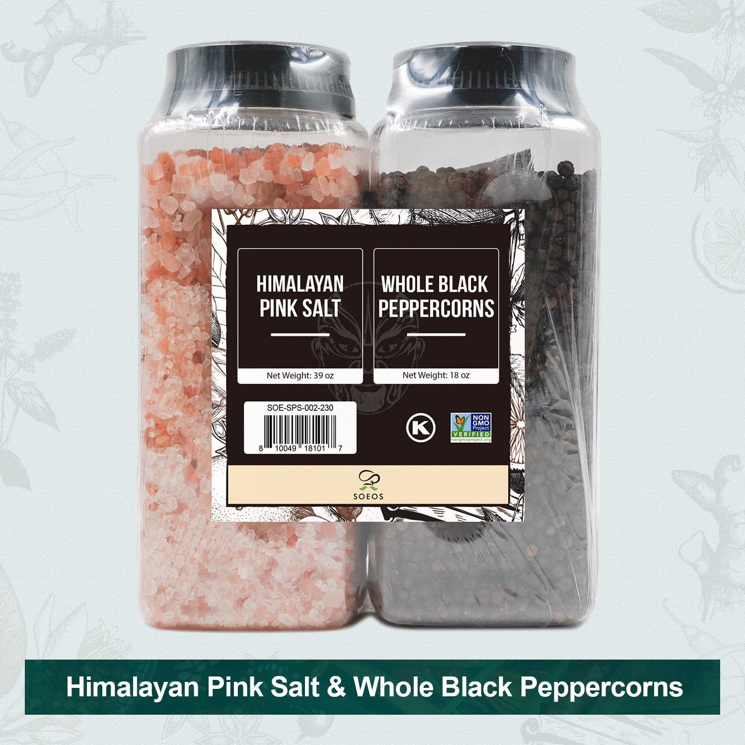 Shows the complete set of Himalayan Pink Salt and Whole Black Peppercorns that the customer will receive, highlighting the product contents and quantities.