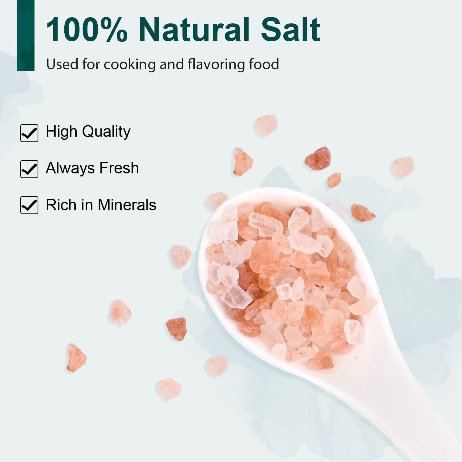Highlights multiple key benefits of the natural salt product to emphasize its quality and versatility for cooking and flavoring food.