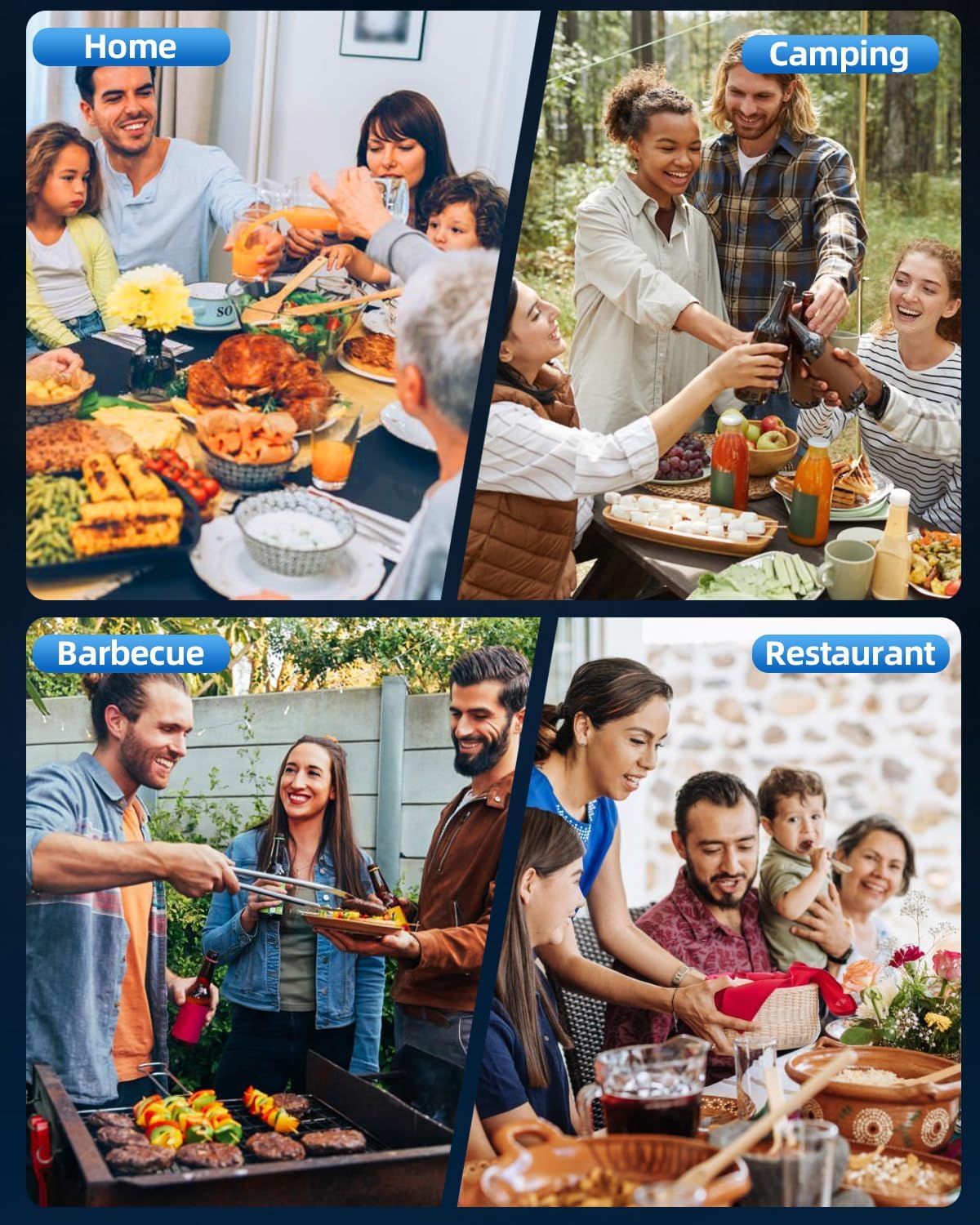 Demonstrates the product's versatility in various dining settings, showing it can be used for home meals, camping trips, barbecues, and restaurant outings.